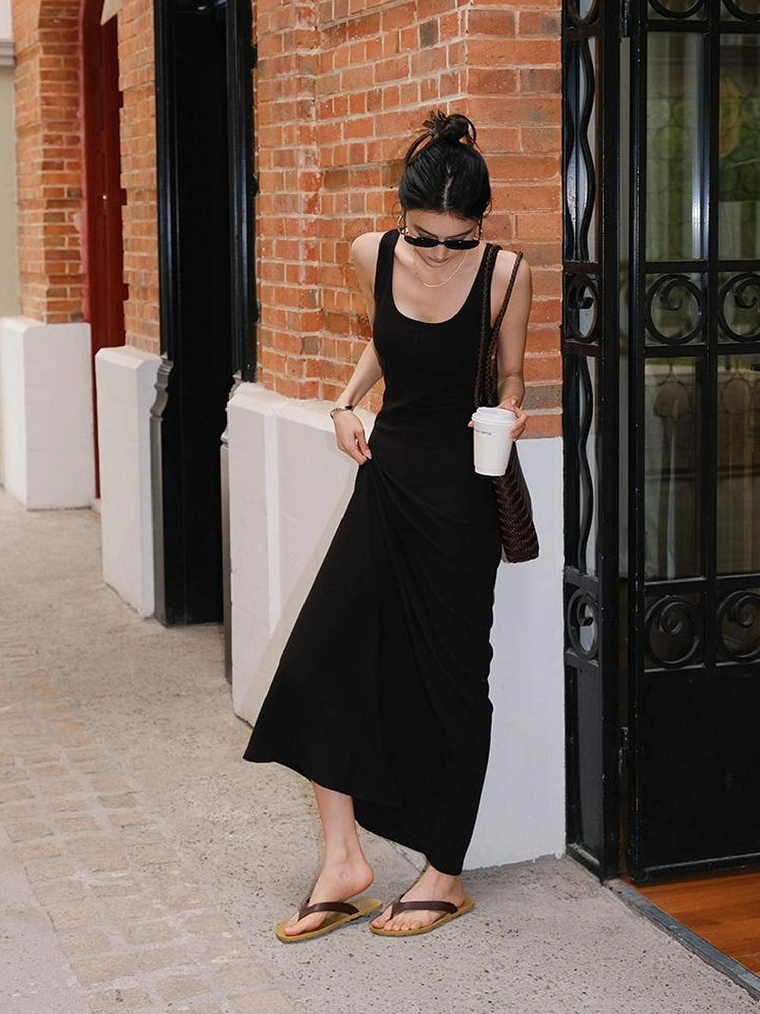 FU FRESH UP Slim U Neck Ribbed Slip Maxi Dress