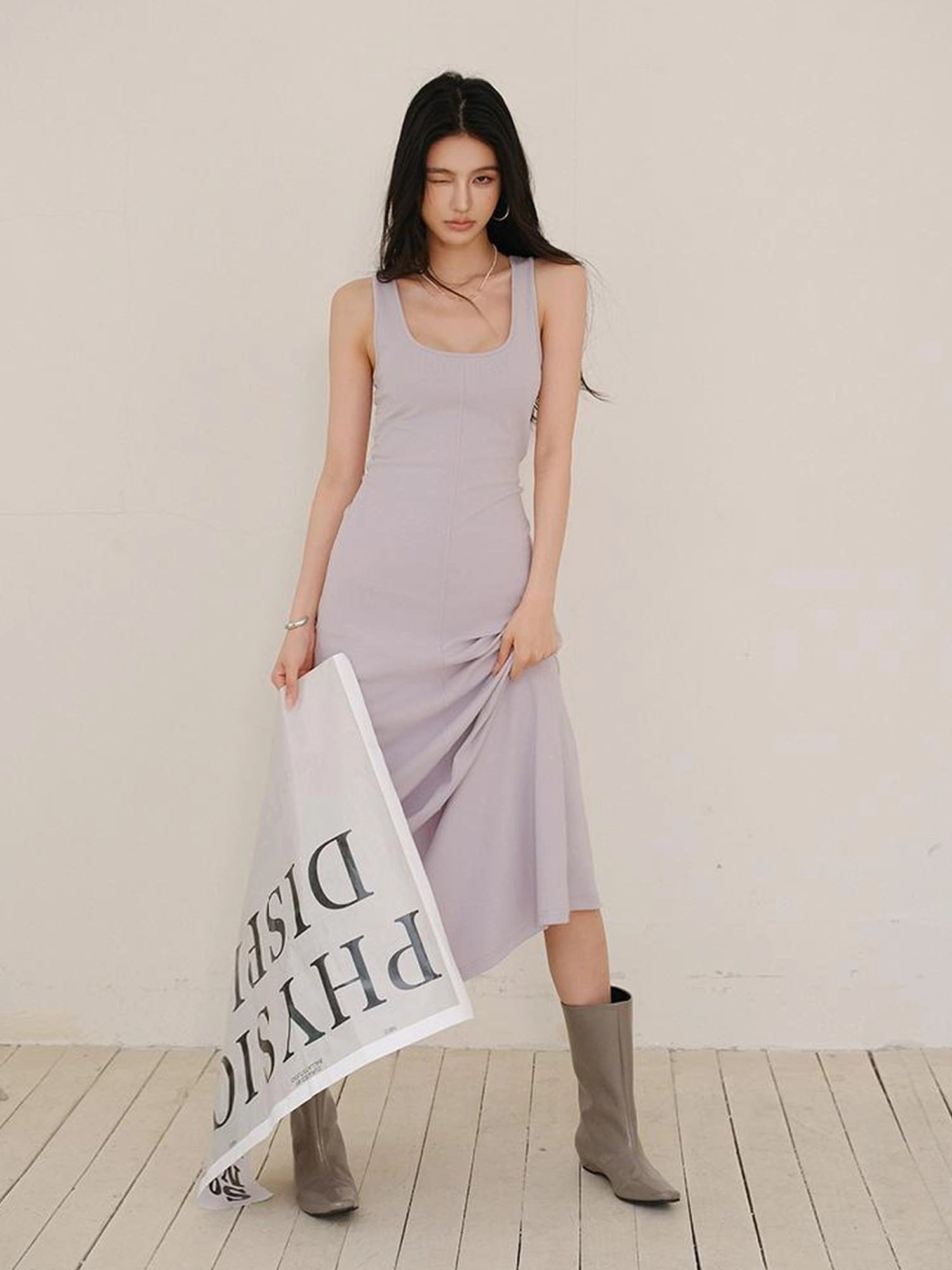 FU FRESH UP Slim U Neck Ribbed Slip Maxi Dress