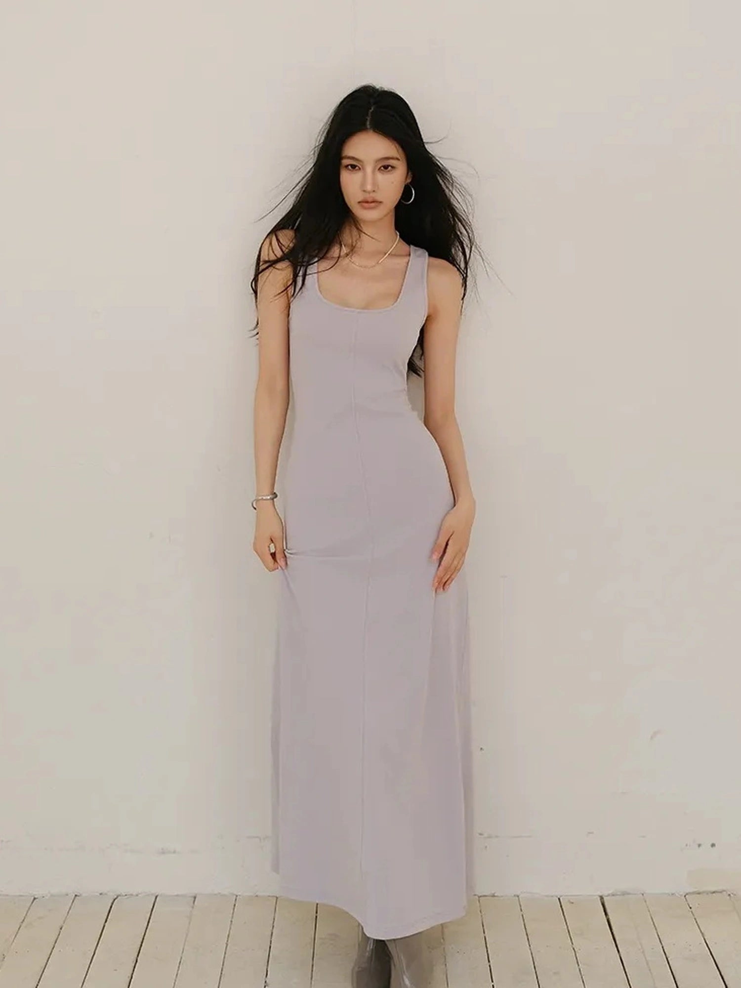 FU FRESH UP Slim U Neck Ribbed Slip Maxi Dress