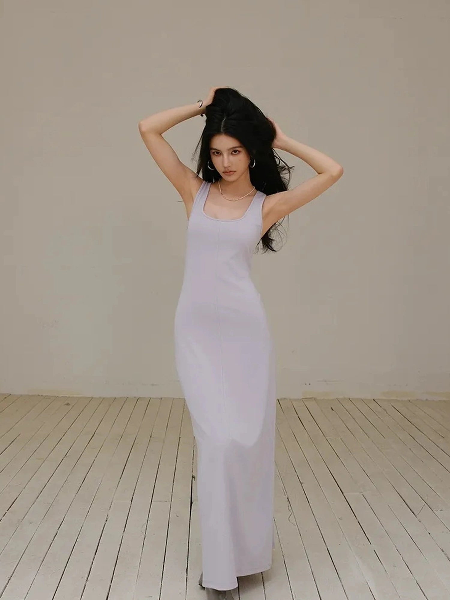 FU FRESH UP Slim U Neck Ribbed Slip Maxi Dress