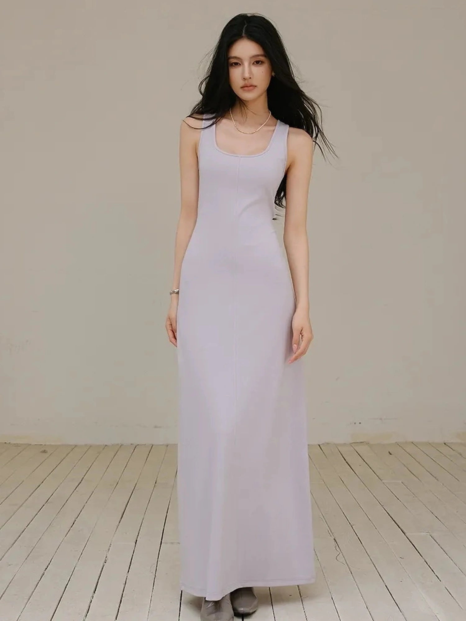 FU FRESH UP Slim U Neck Ribbed Slip Maxi Dress