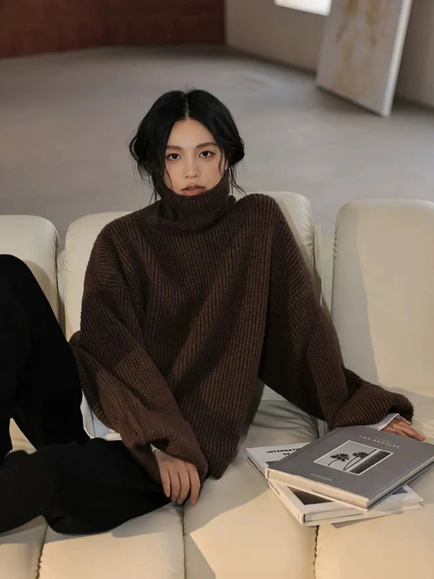 FU FRESH UP Soft Camel Knit High Neck Sweater