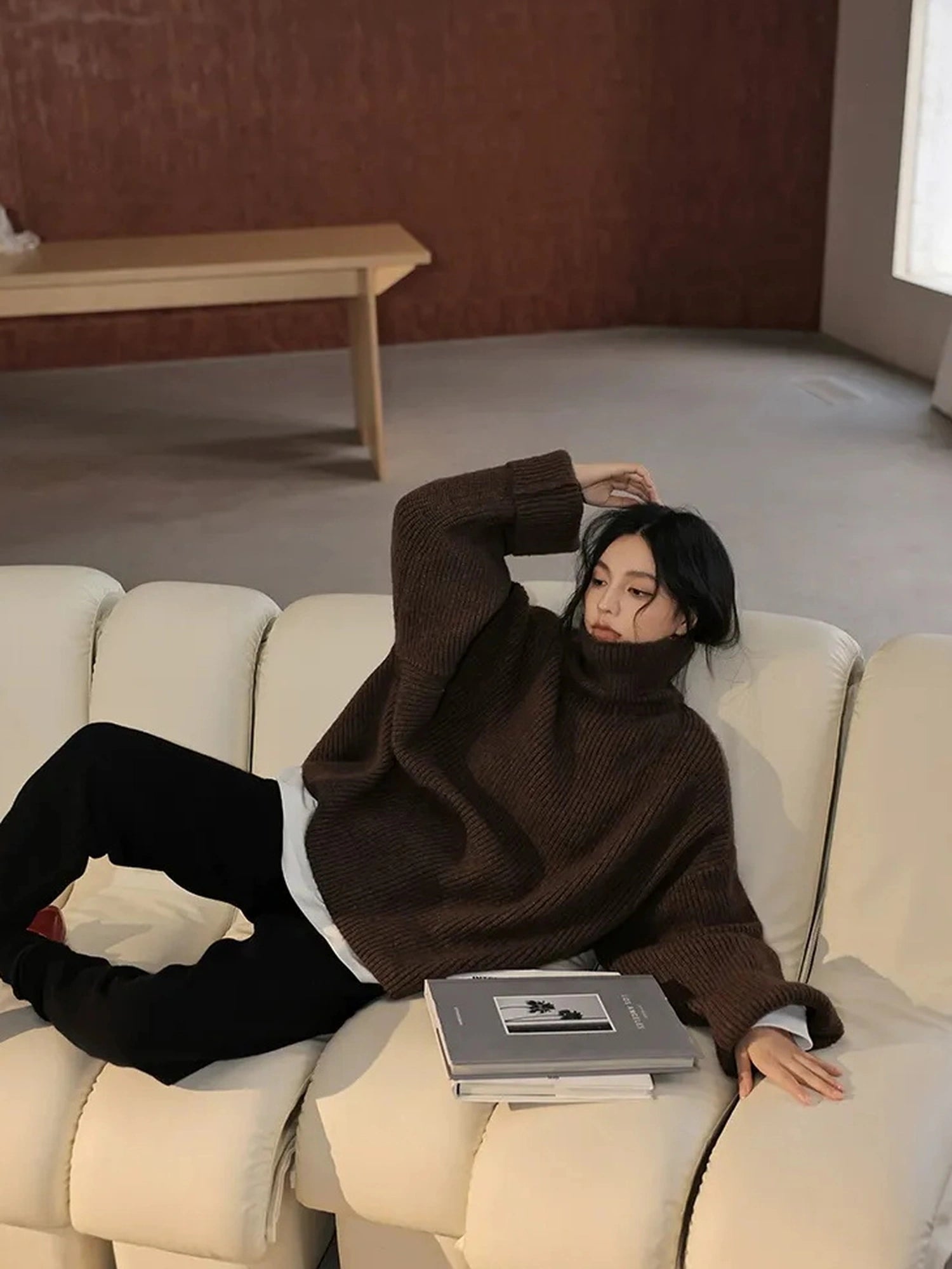 FU FRESH UP Soft Camel Knit High Neck Sweater
