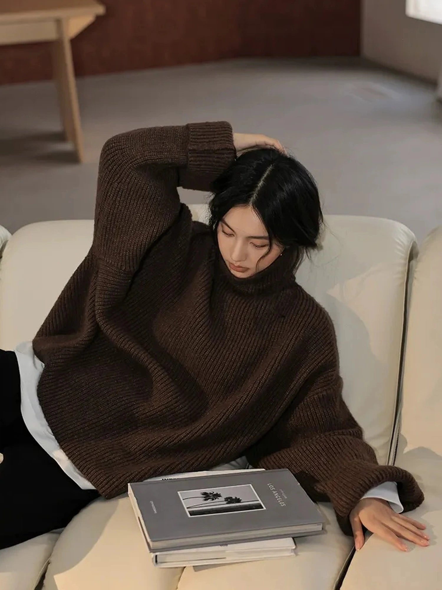 FU FRESH UP Soft Camel Knit High Neck Sweater