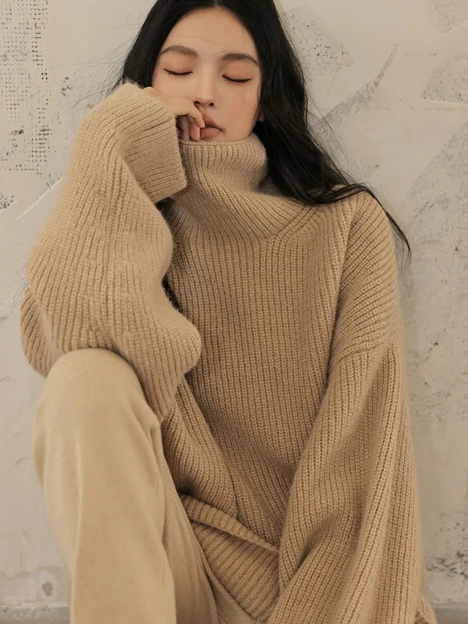 FU FRESH UP Soft Camel Knit High Neck Sweater