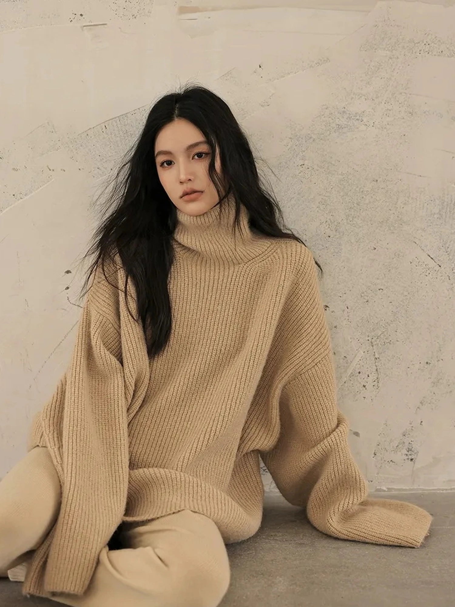 FU FRESH UP Soft Camel Knit High Neck Sweater