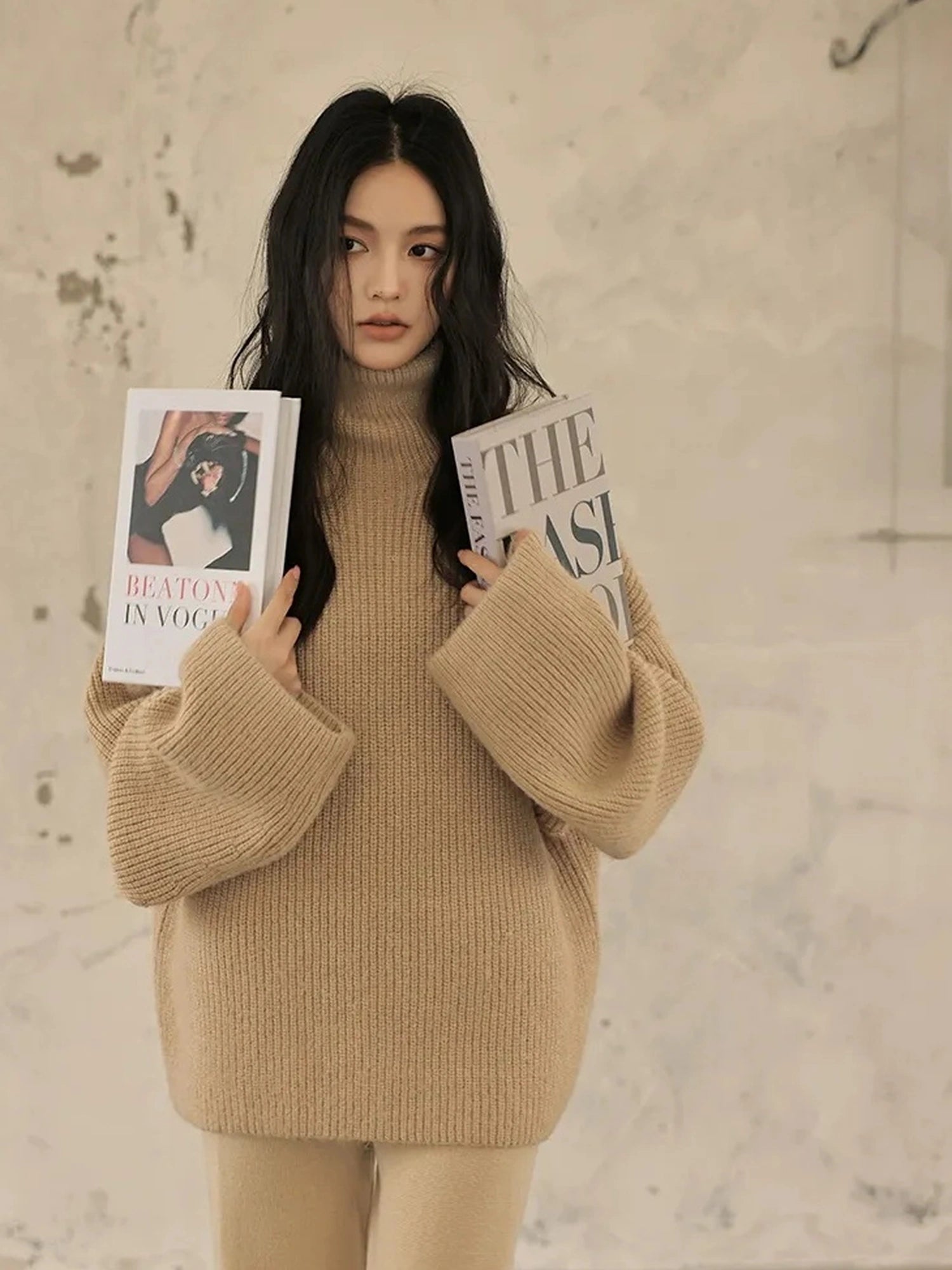 FU FRESH UP Soft Camel Knit High Neck Sweater
