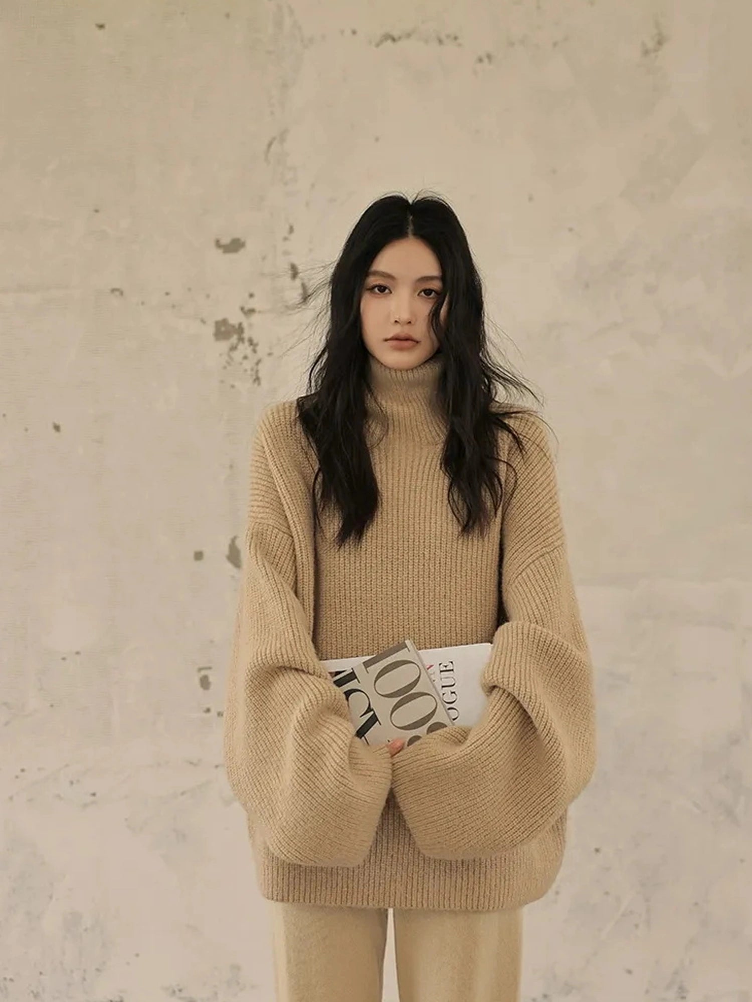 FU FRESH UP Soft Camel Knit High Neck Sweater