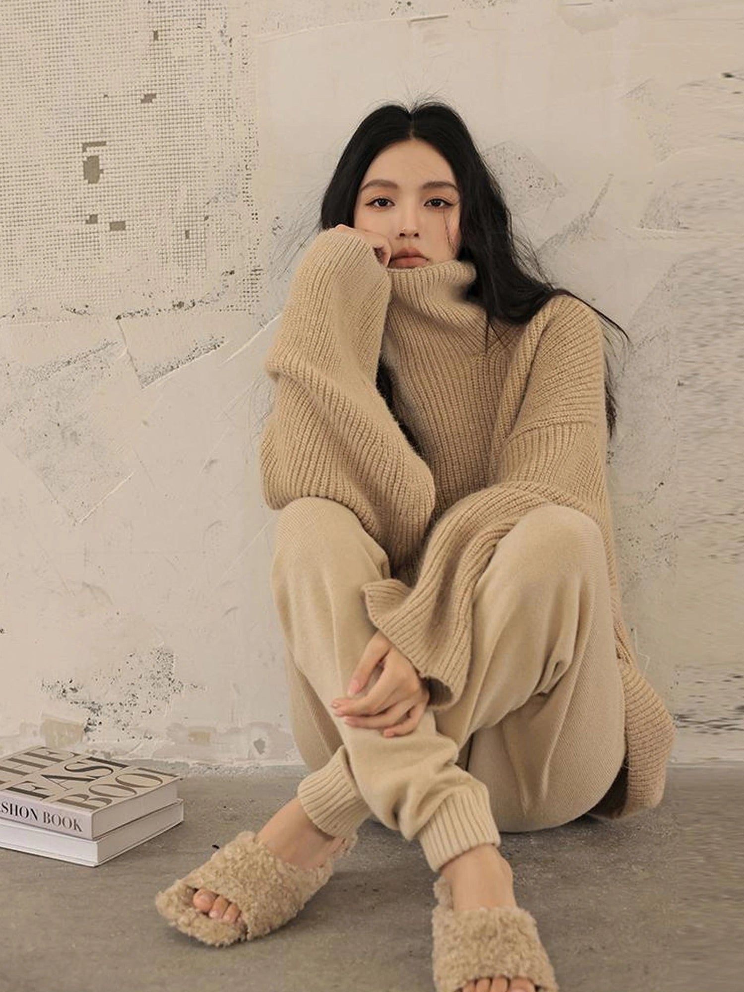 FU FRESH UP Soft Camel Knit High Neck Sweater