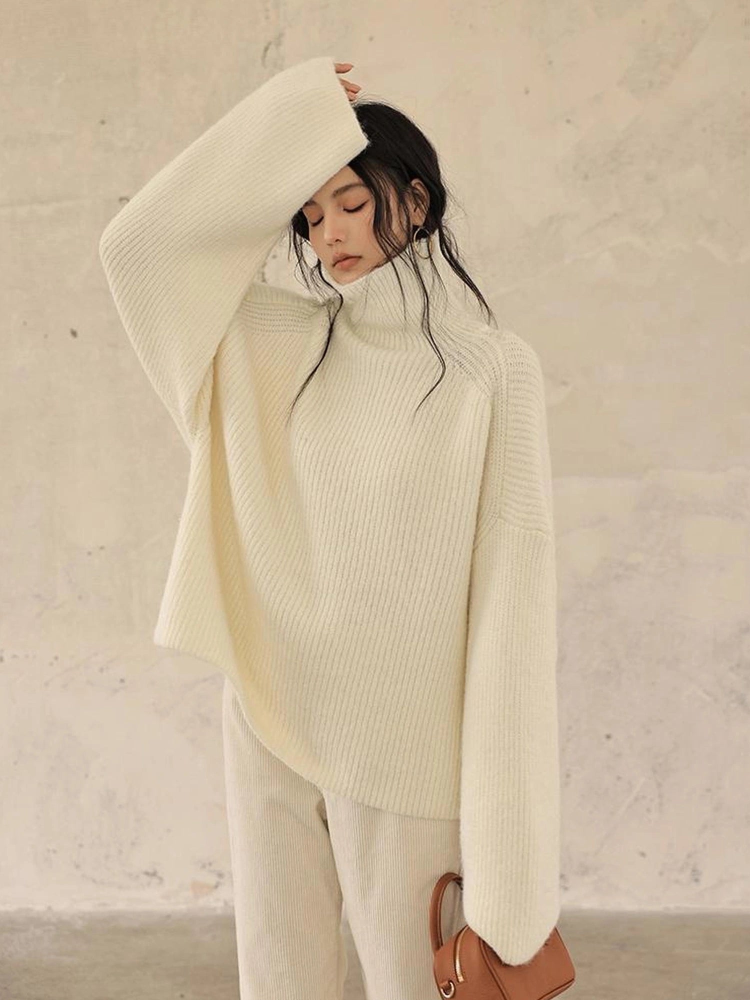 FU FRESH UP Soft Camel Knit High Neck Sweater