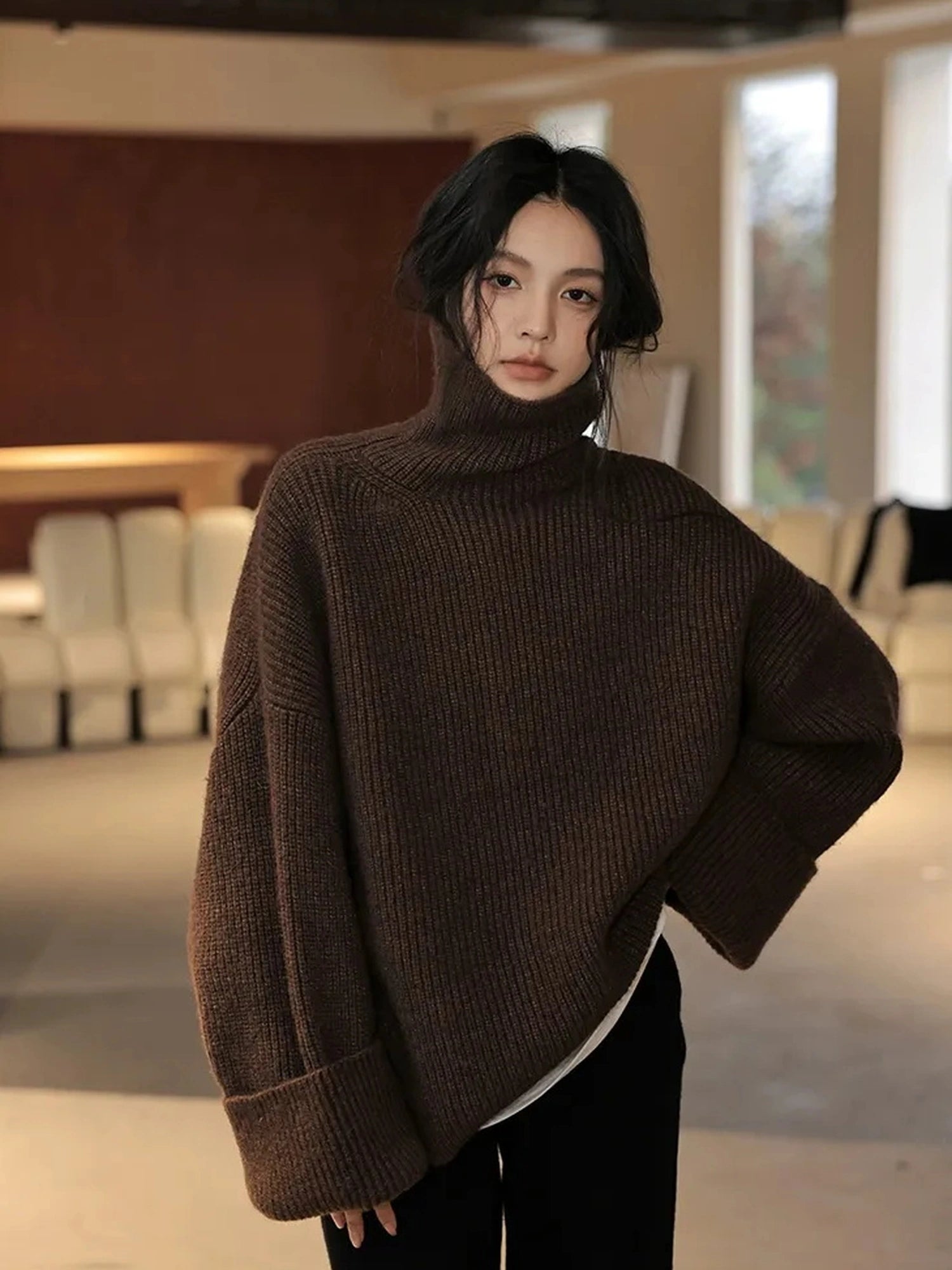 FU FRESH UP Soft Camel Knit High Neck Sweater