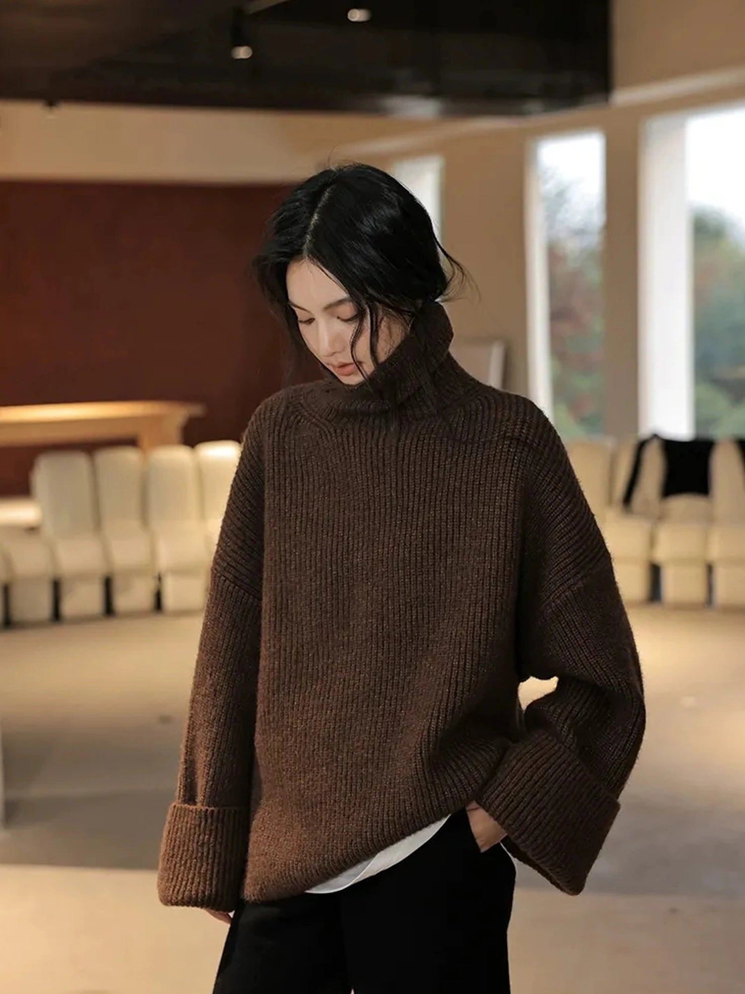 FU FRESH UP Soft Camel Knit High Neck Sweater