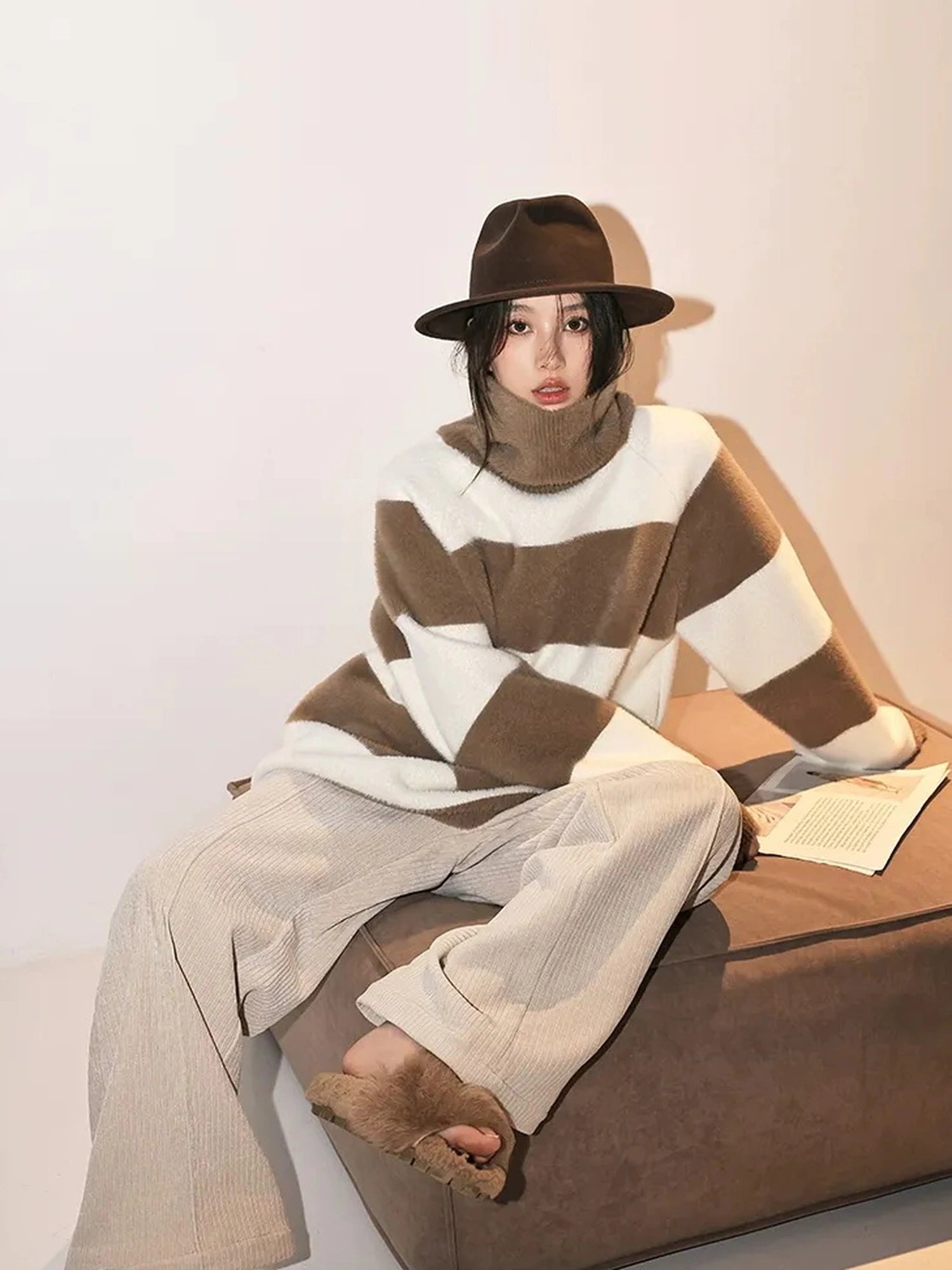 FU FRESH UP Soft High Neck Striped Sweater