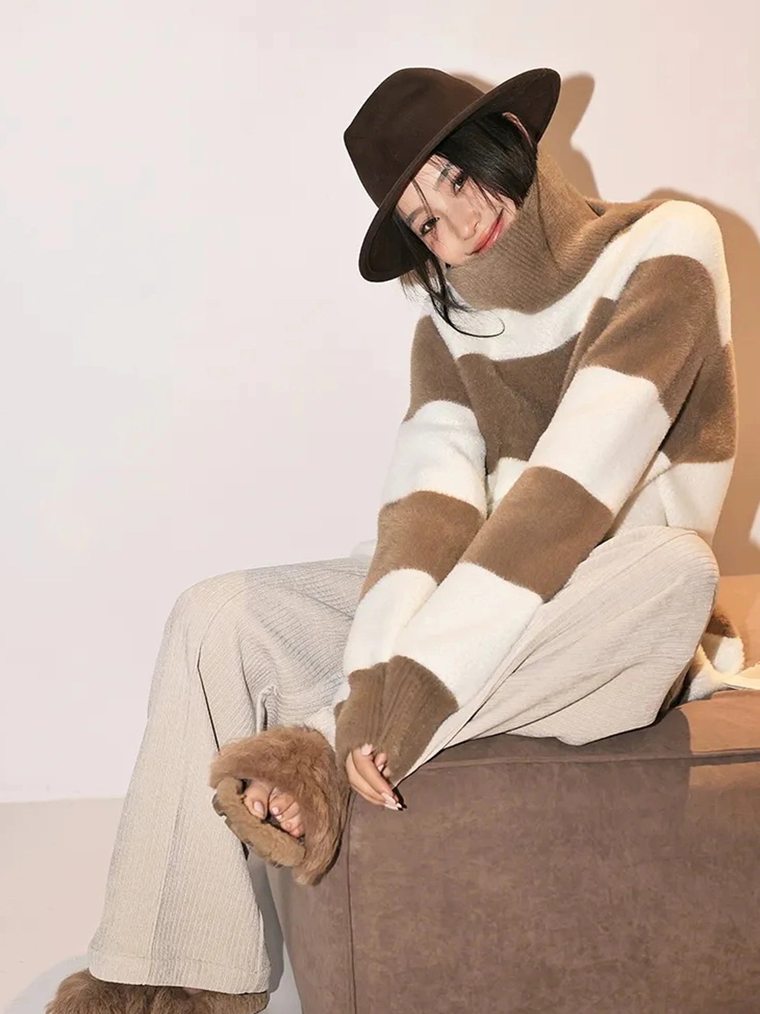 FU FRESH UP Soft High Neck Striped Sweater