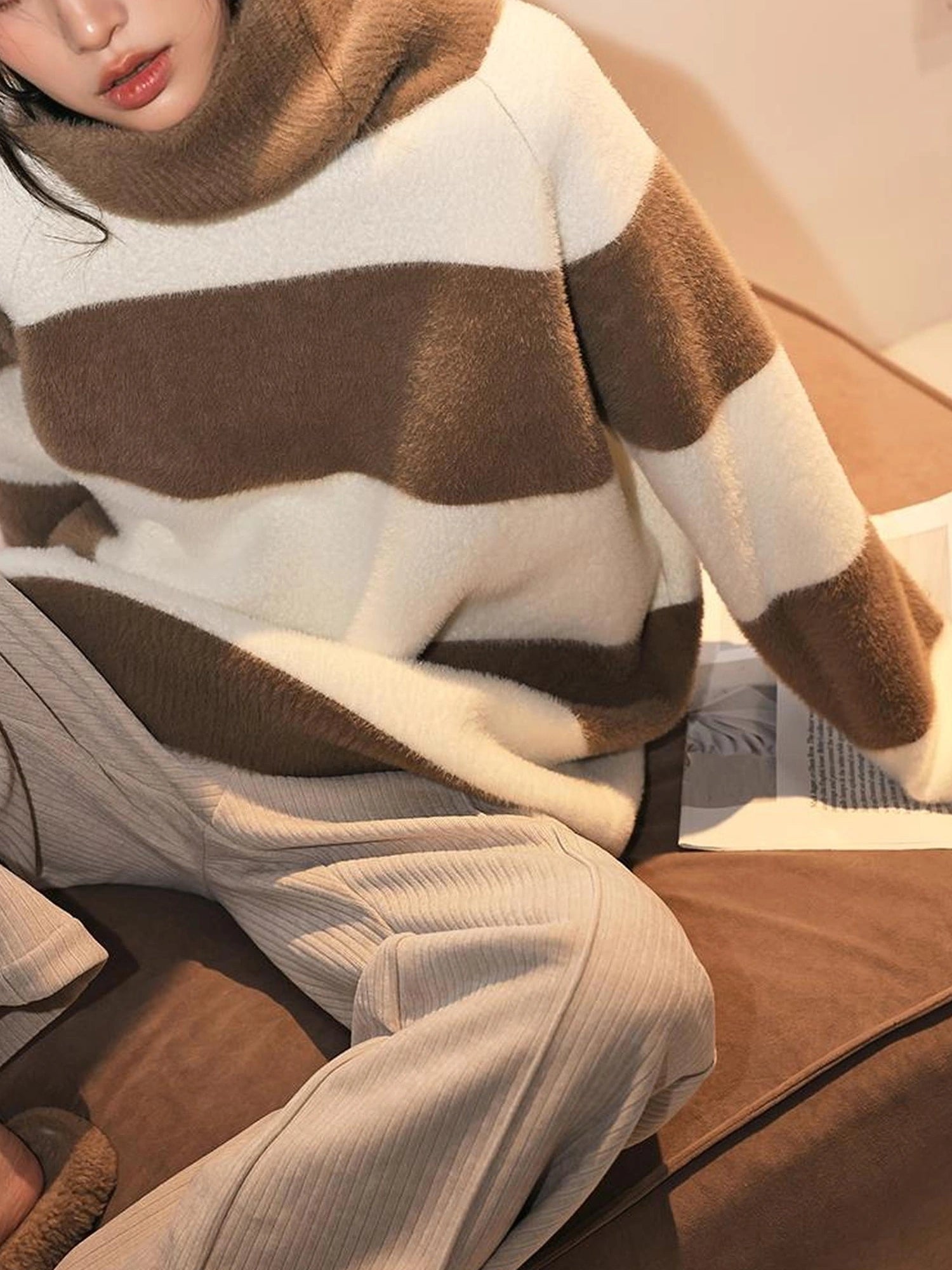 FU FRESH UP Soft High Neck Striped Sweater