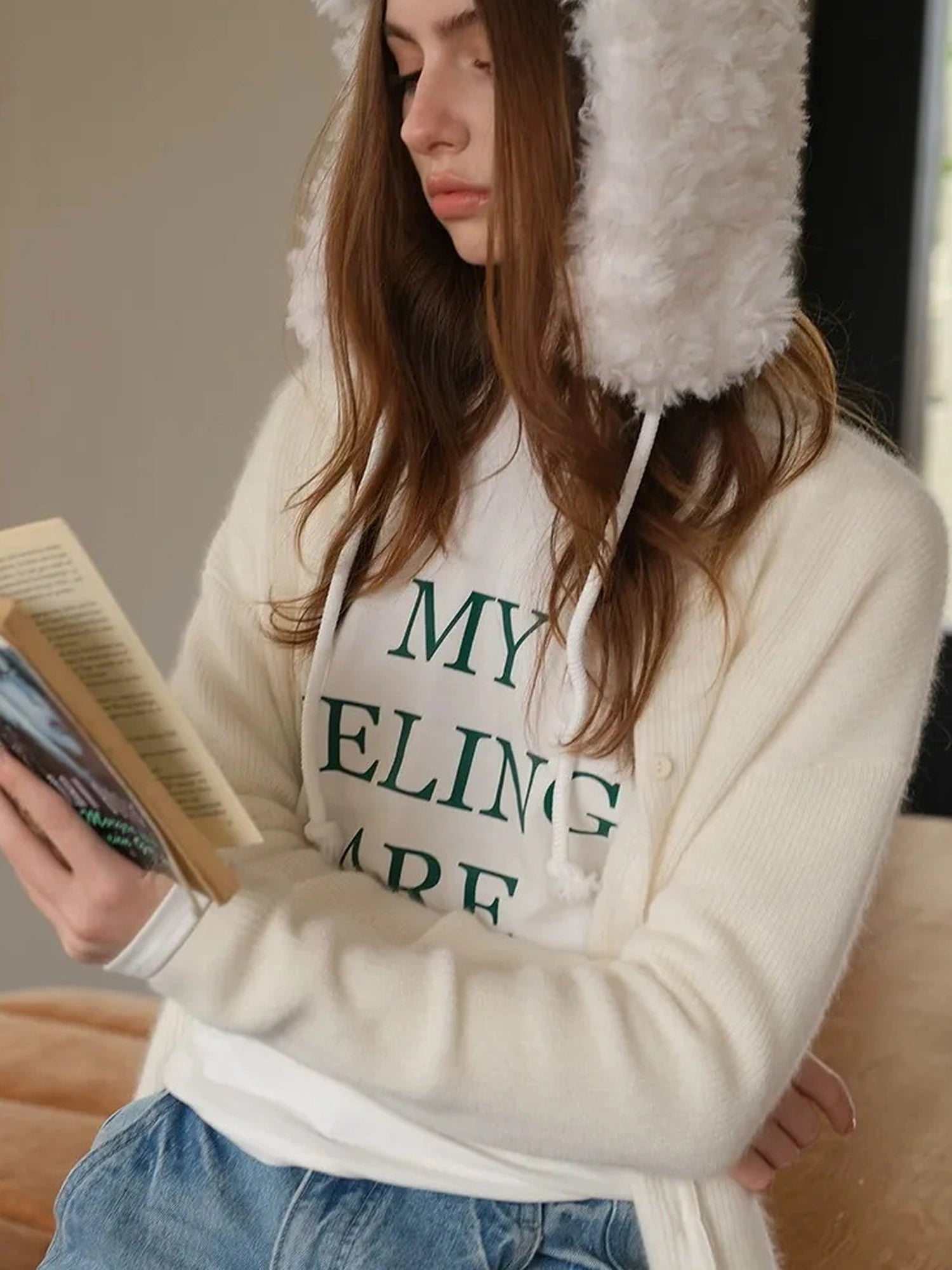 FU FRESH UP Soft Raccoon Wool Blend Cardigan V-neck Long Sleeve