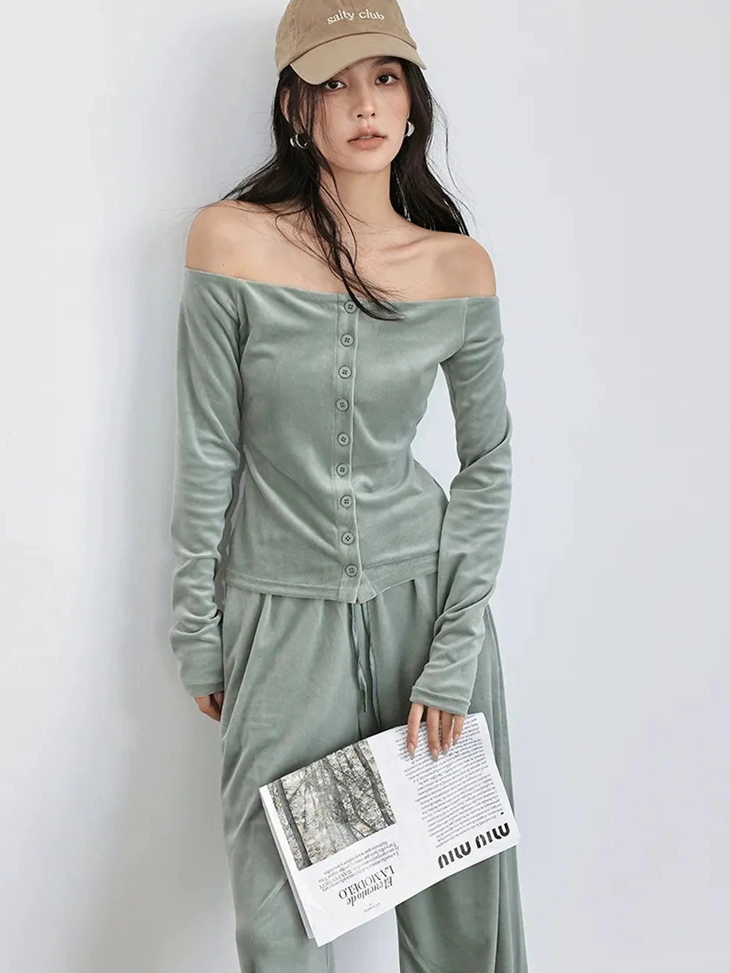 FU FRESH UP Soft Velvet Off Shoulder Set