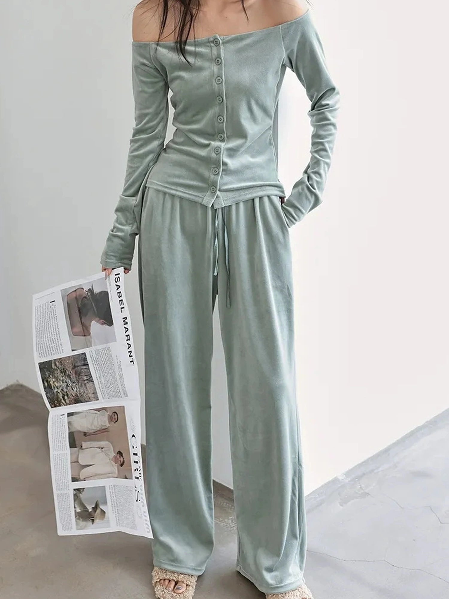 FU FRESH UP Soft Velvet Off Shoulder Set