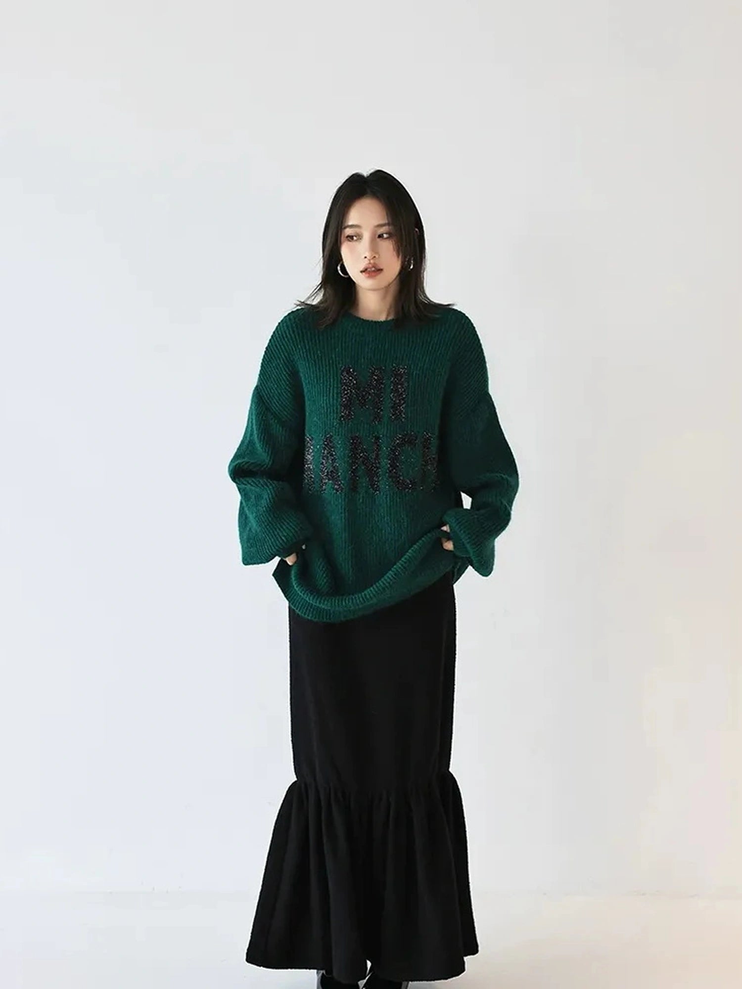 FU FRESH UP Sparkle Letter Mohair Sweater V-neck Long Sleeve T-shirt