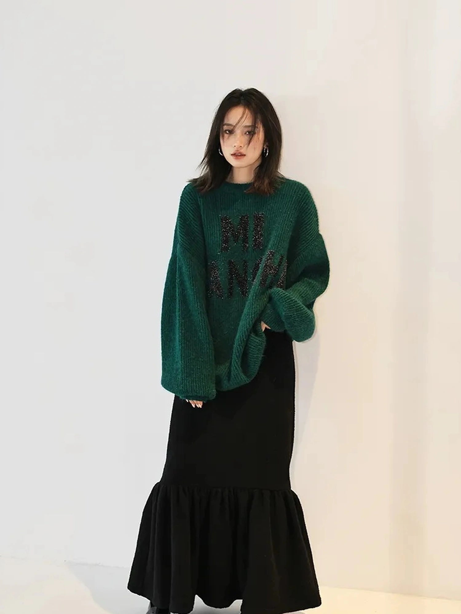 FU FRESH UP Sparkle Letter Mohair Sweater V-neck Long Sleeve T-shirt