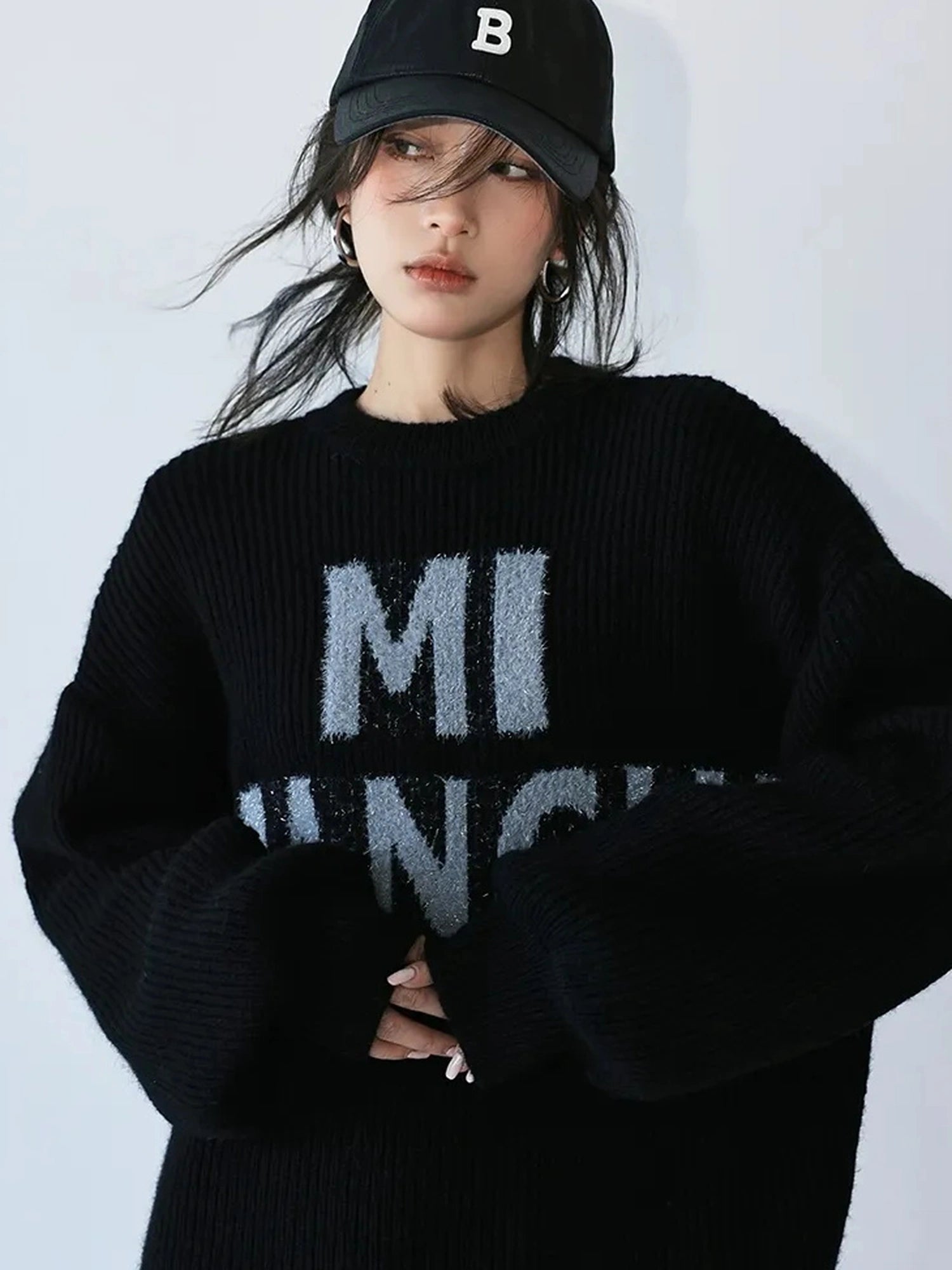 FU FRESH UP Sparkle Letter Mohair Sweater V-neck Long Sleeve T-shirt