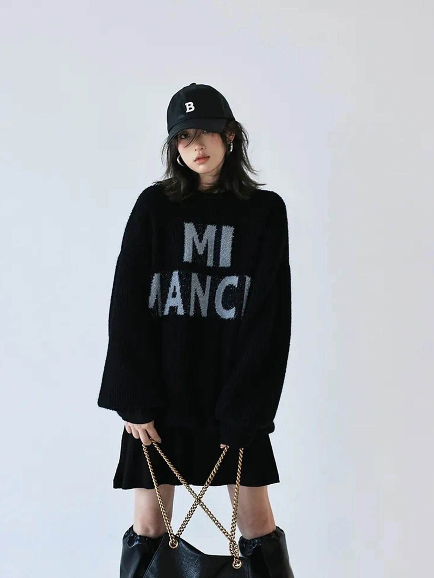 FU FRESH UP Sparkle Letter Mohair Sweater V-neck Long Sleeve T-shirt