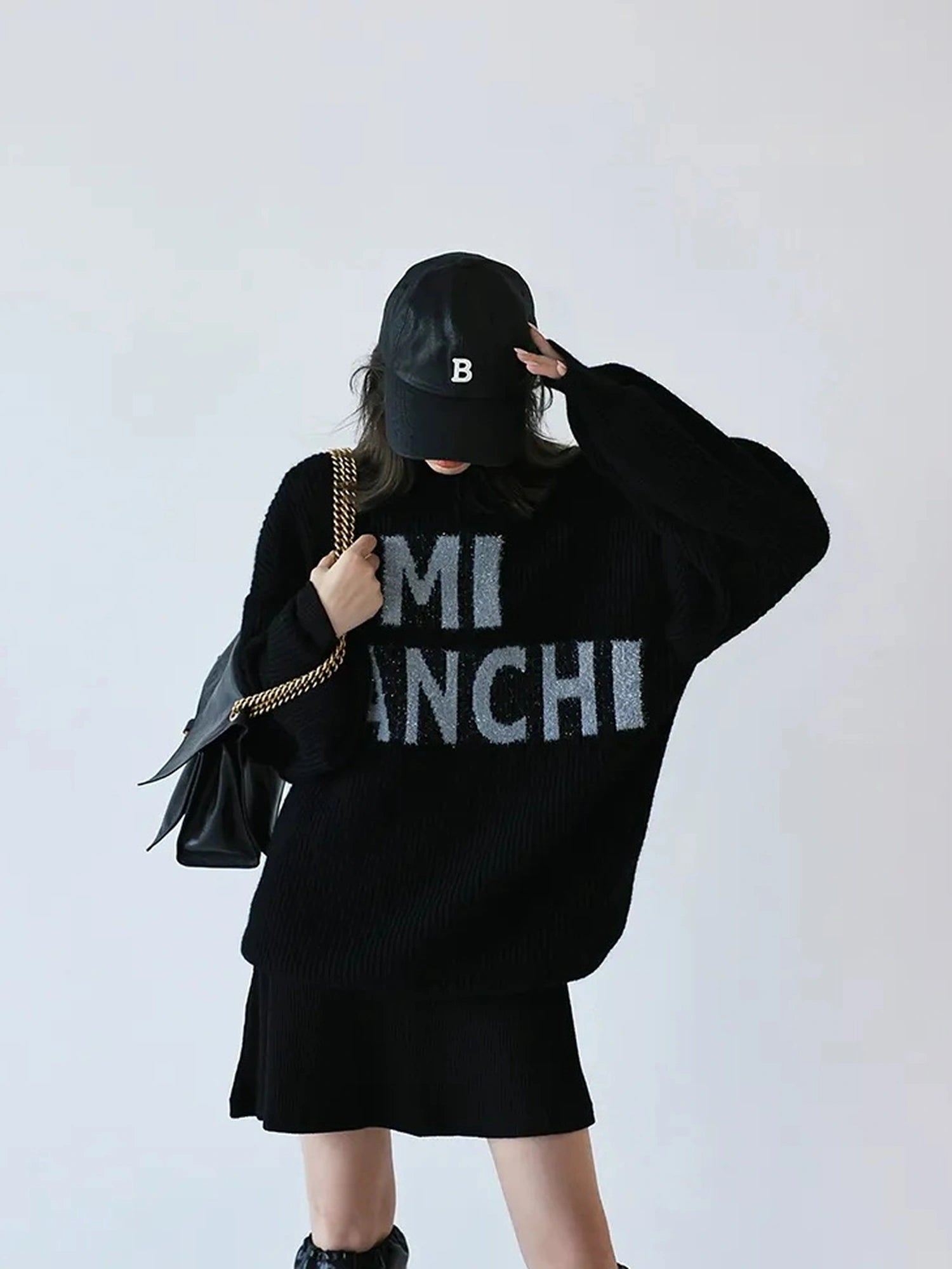 FU FRESH UP Sparkle Letter Mohair Sweater V-neck Long Sleeve T-shirt