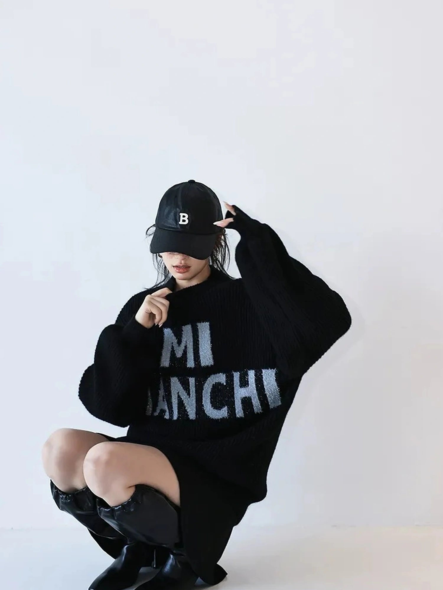 FU FRESH UP Sparkle Letter Mohair Sweater V-neck Long Sleeve T-shirt