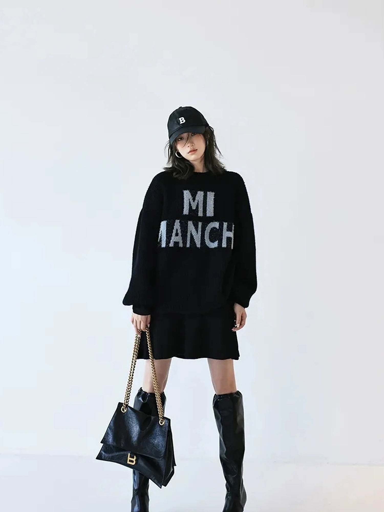 FU FRESH UP Sparkle Letter Mohair Sweater V-neck Long Sleeve T-shirt