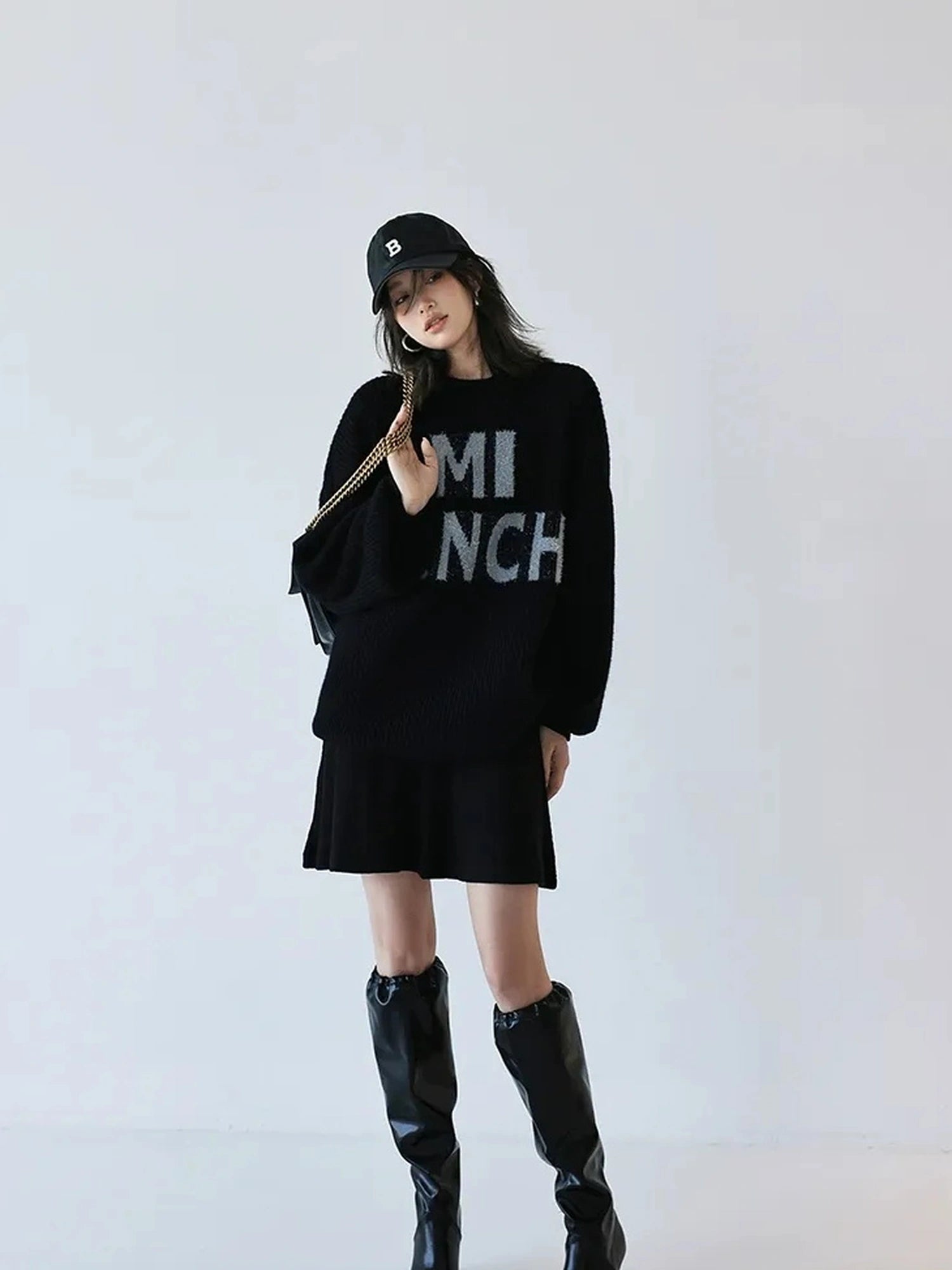 FU FRESH UP Sparkle Letter Mohair Sweater V-neck Long Sleeve T-shirt