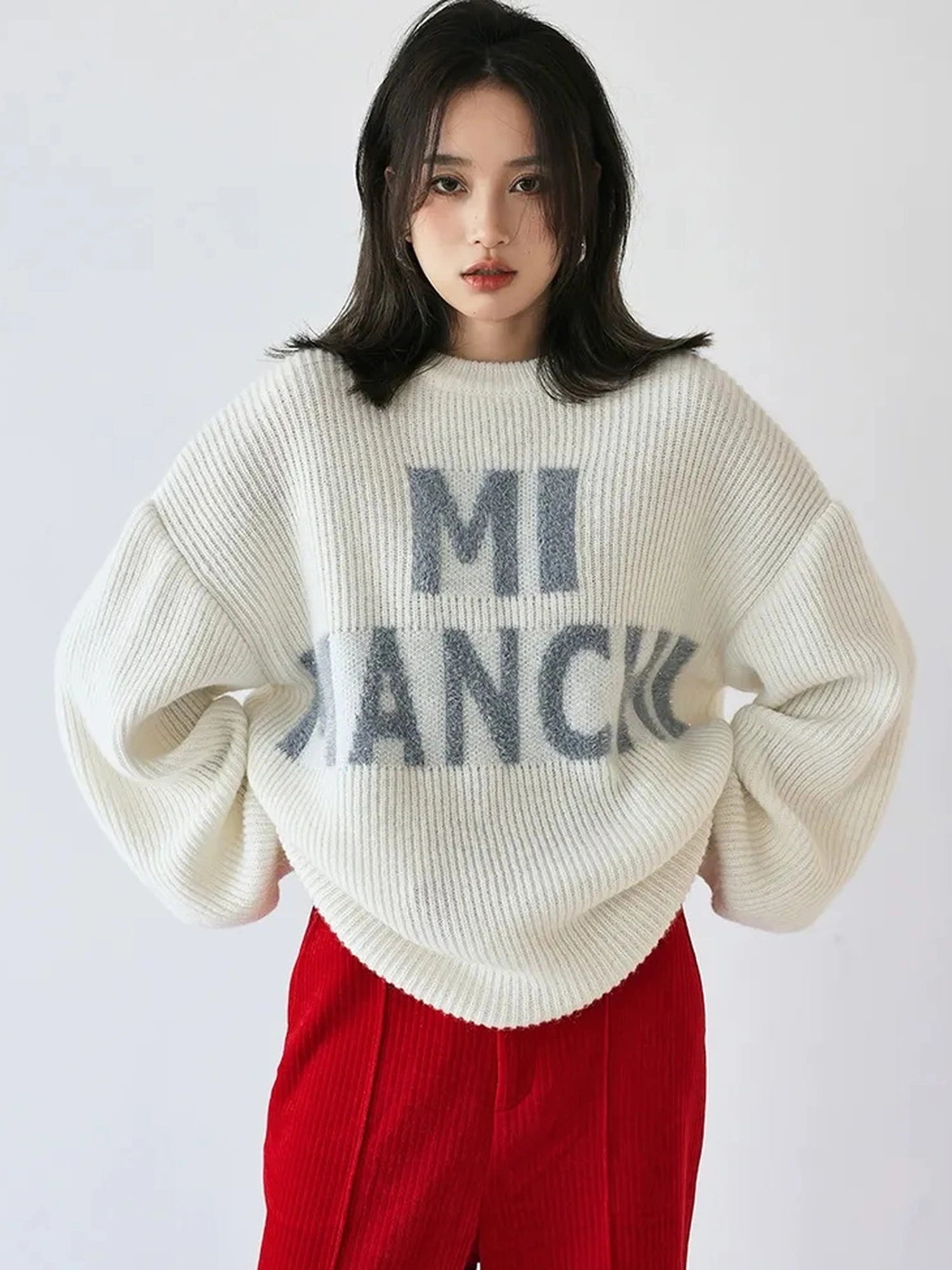 FU FRESH UP Sparkle Letter Mohair Sweater V-neck Long Sleeve T-shirt
