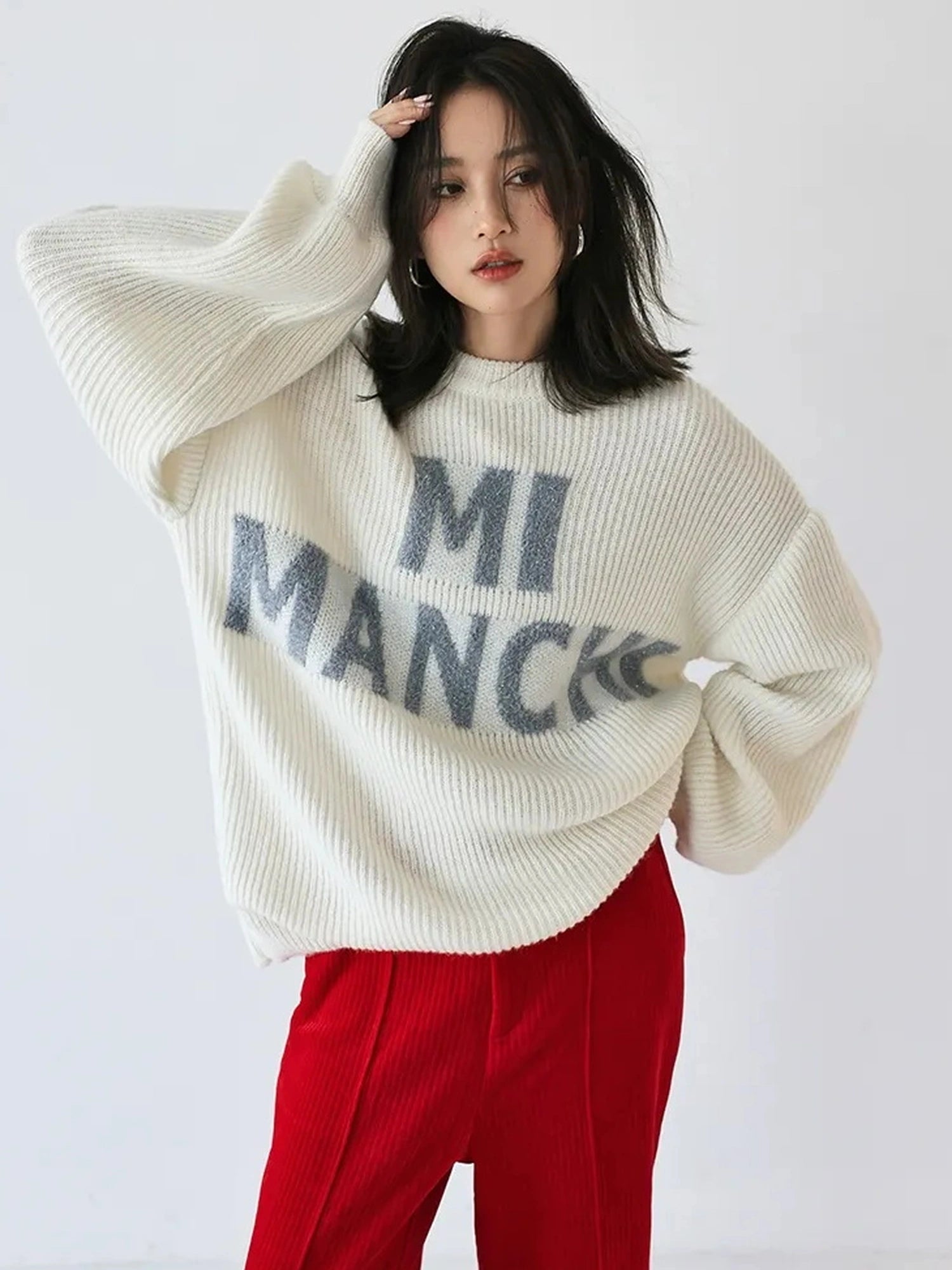 FU FRESH UP Sparkle Letter Mohair Sweater V-neck Long Sleeve T-shirt
