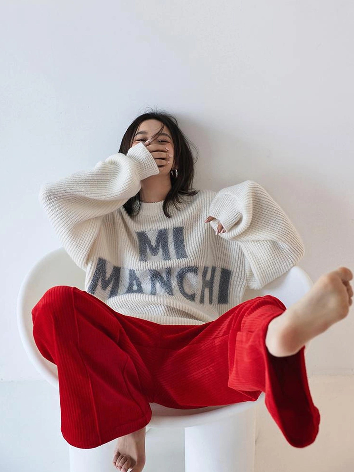 FU FRESH UP Sparkle Letter Mohair Sweater V-neck Long Sleeve T-shirt