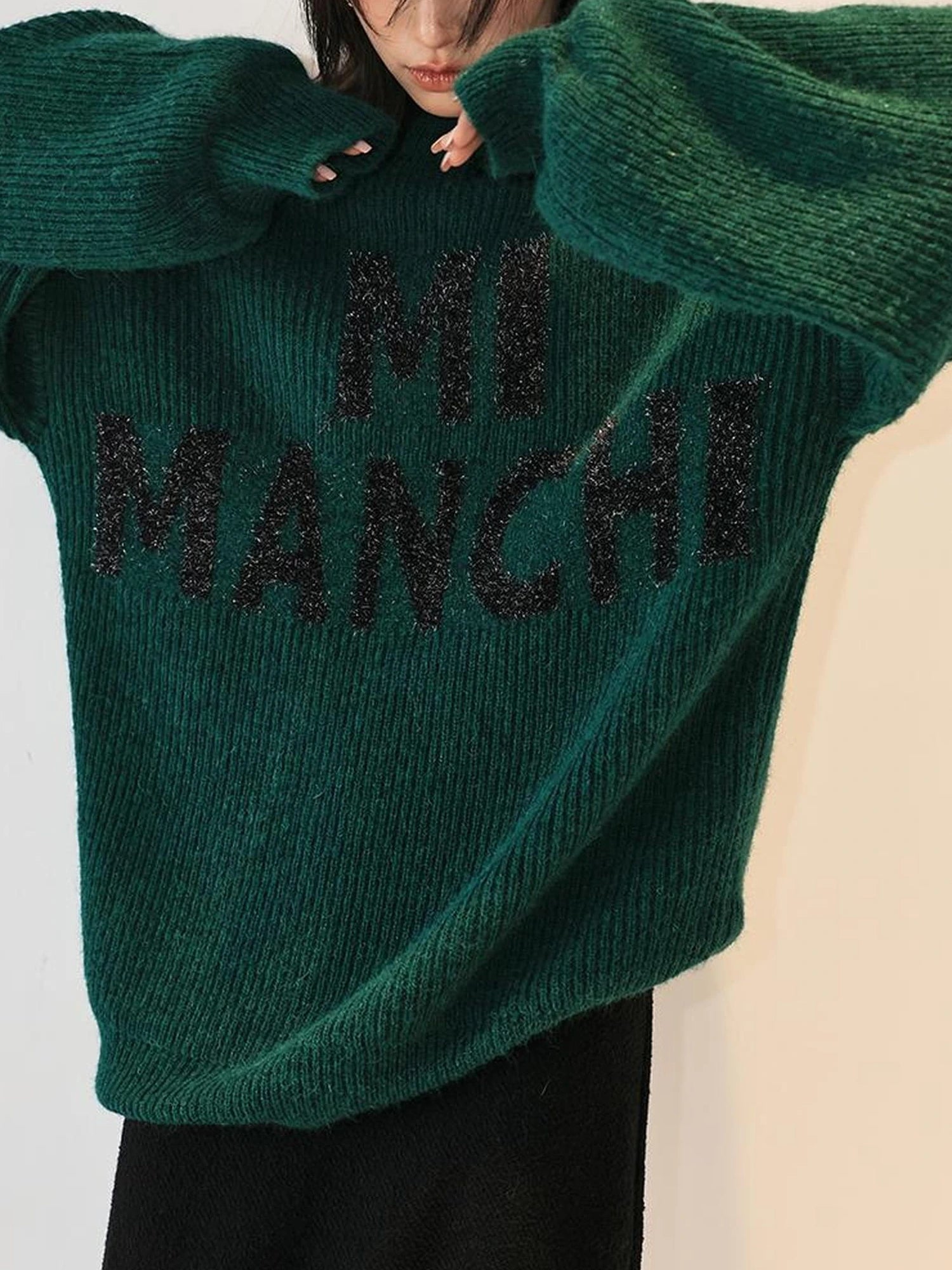 FU FRESH UP Sparkle Letter Mohair Sweater V-neck Long Sleeve T-shirt