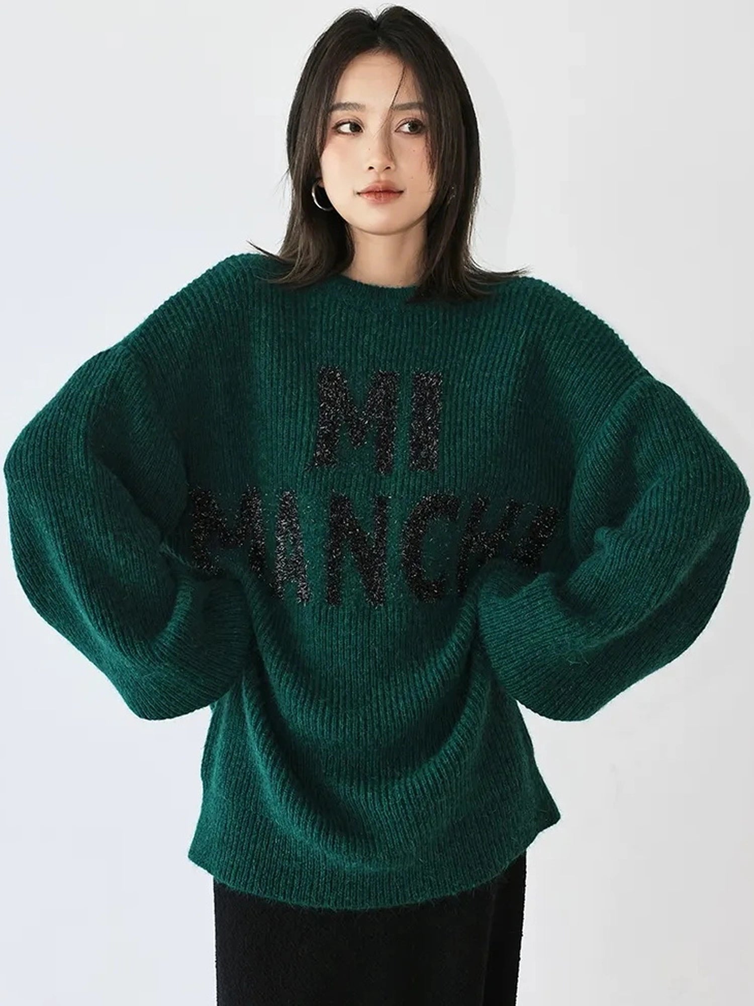 FU FRESH UP Sparkle Letter Mohair Sweater V-neck Long Sleeve T-shirt