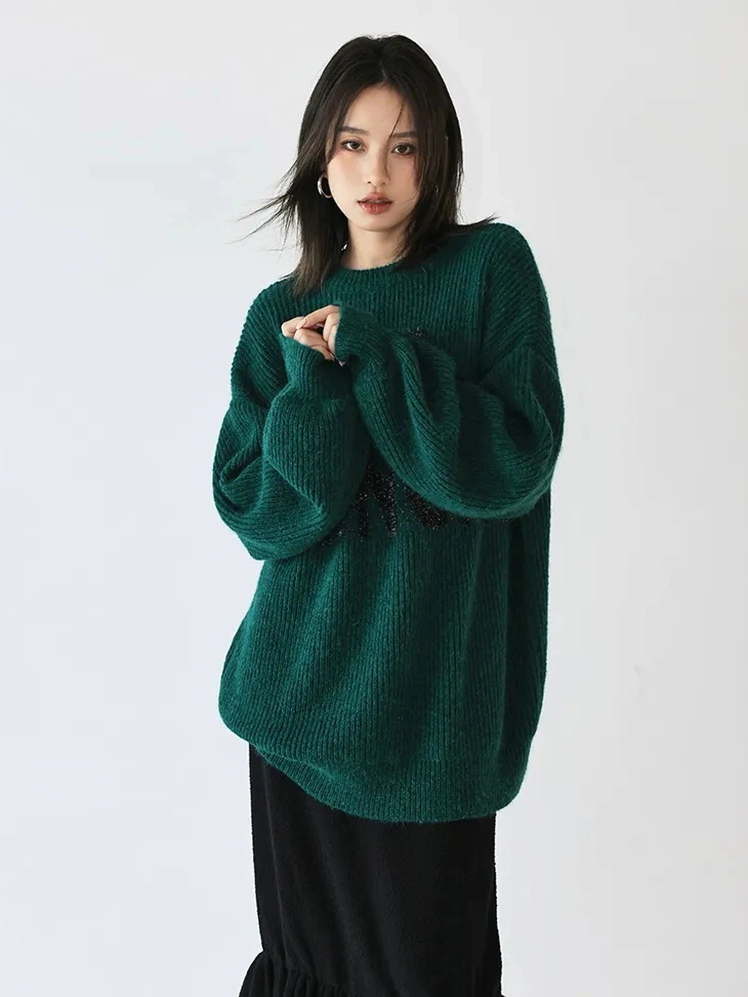 FU FRESH UP Sparkle Letter Mohair Sweater V-neck Long Sleeve T-shirt