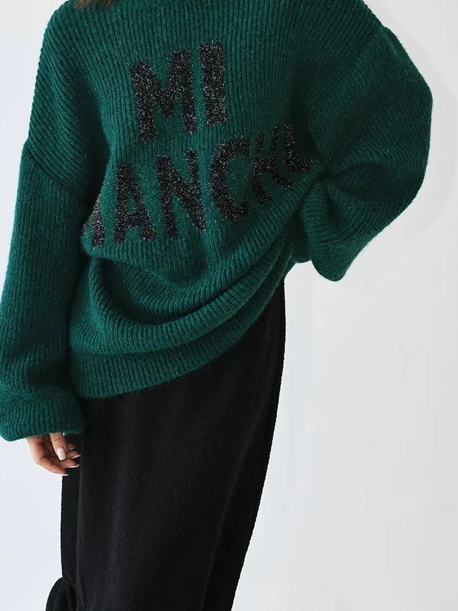 FU FRESH UP Sparkle Letter Mohair Sweater V-neck Long Sleeve T-shirt