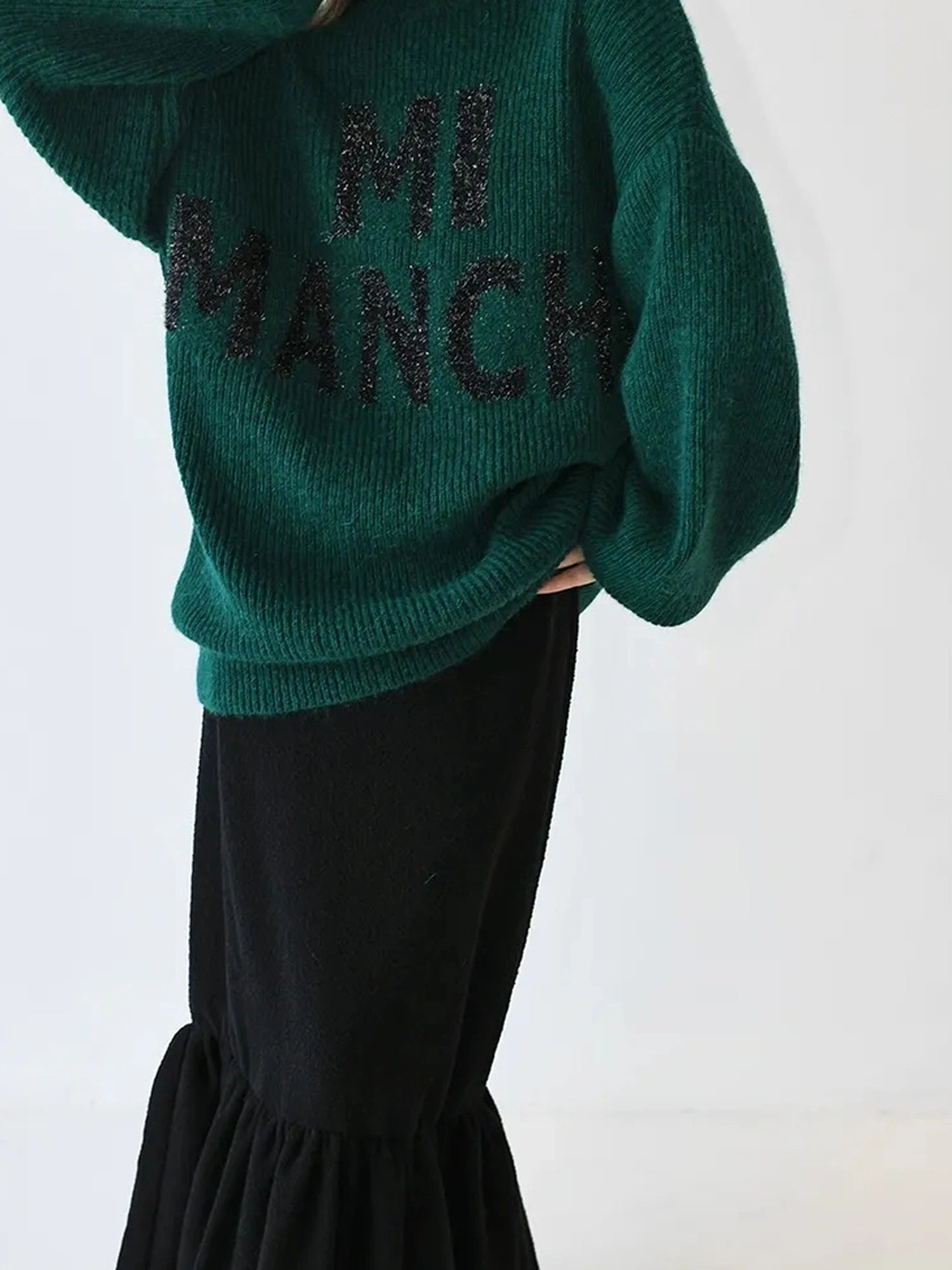 FU FRESH UP Sparkle Letter Mohair Sweater V-neck Long Sleeve T-shirt