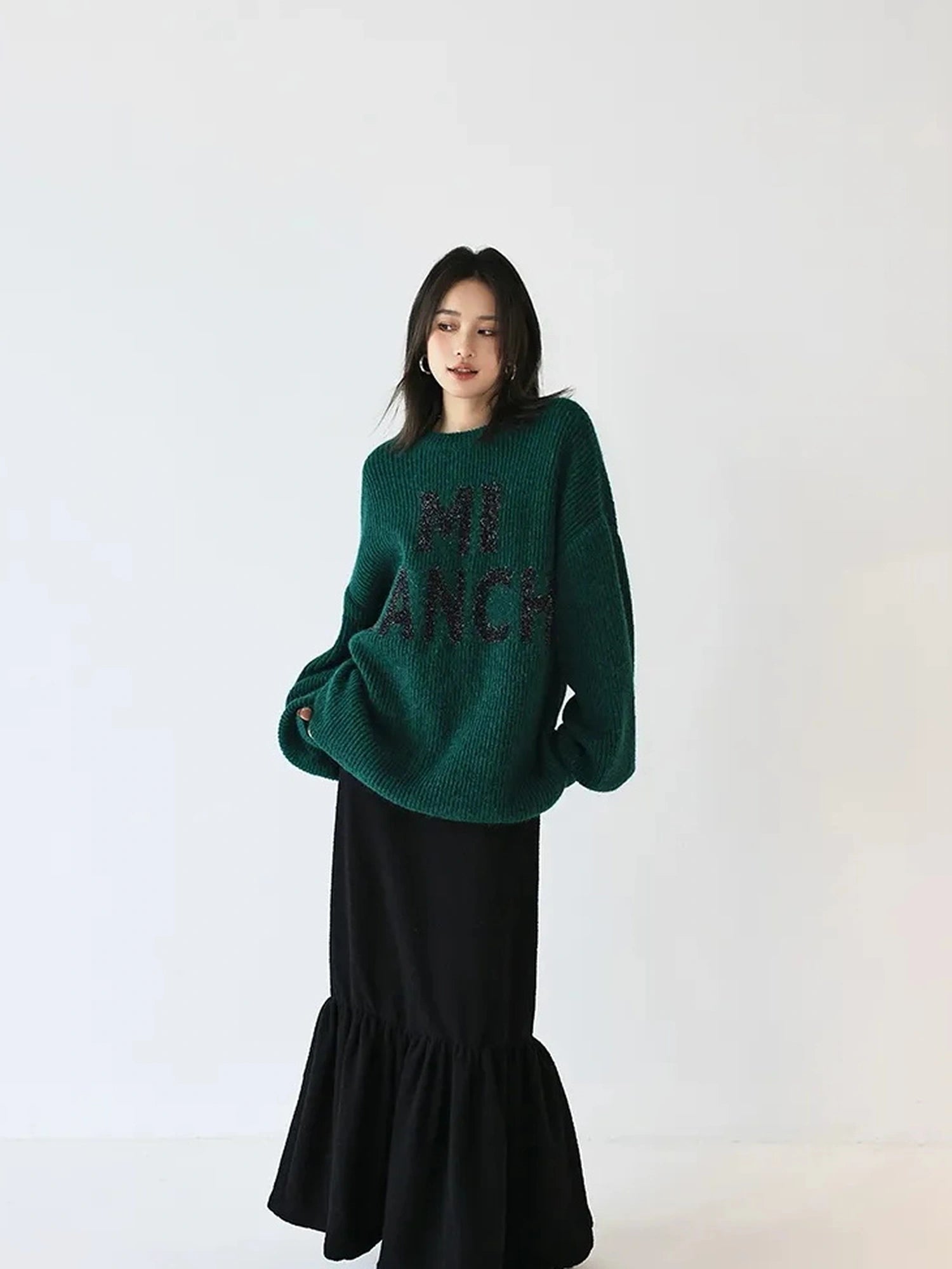FU FRESH UP Sparkle Letter Mohair Sweater V-neck Long Sleeve T-shirt