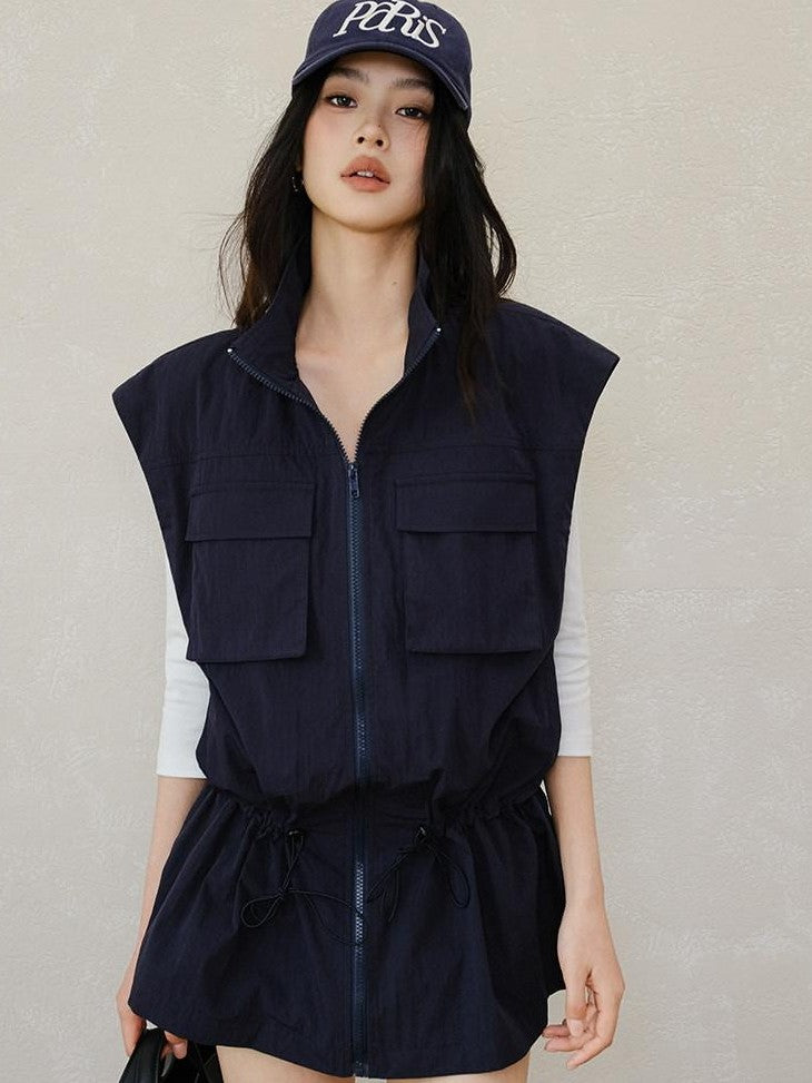 FU FRESH UP Stand Collar Utility Pocket Zip Washed Women&
