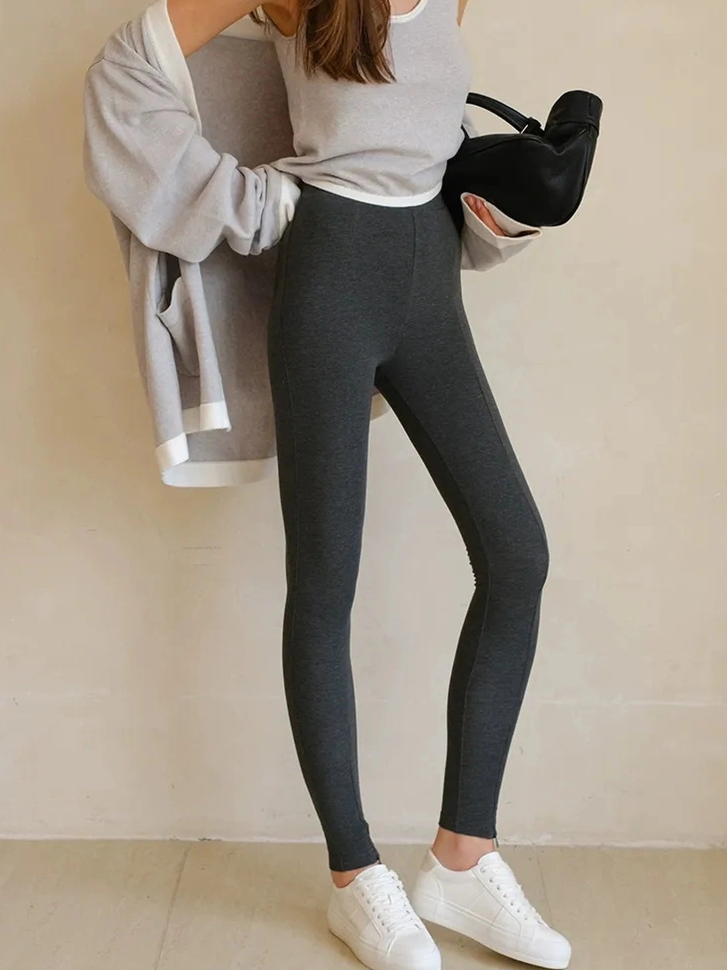 FU FRESH UP Stretch Fit Fleece Lined Split Hem Leggings