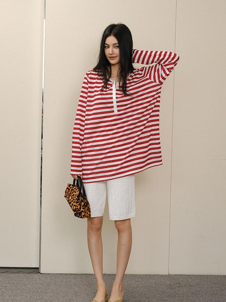 FU FRESH UP Striped Colorblock Henley Knit Loose Women&