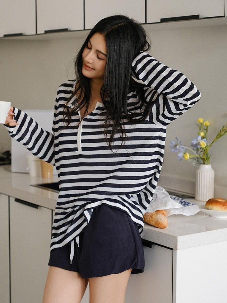 FU FRESH UP Striped Colorblock Henley Knit Loose Women&