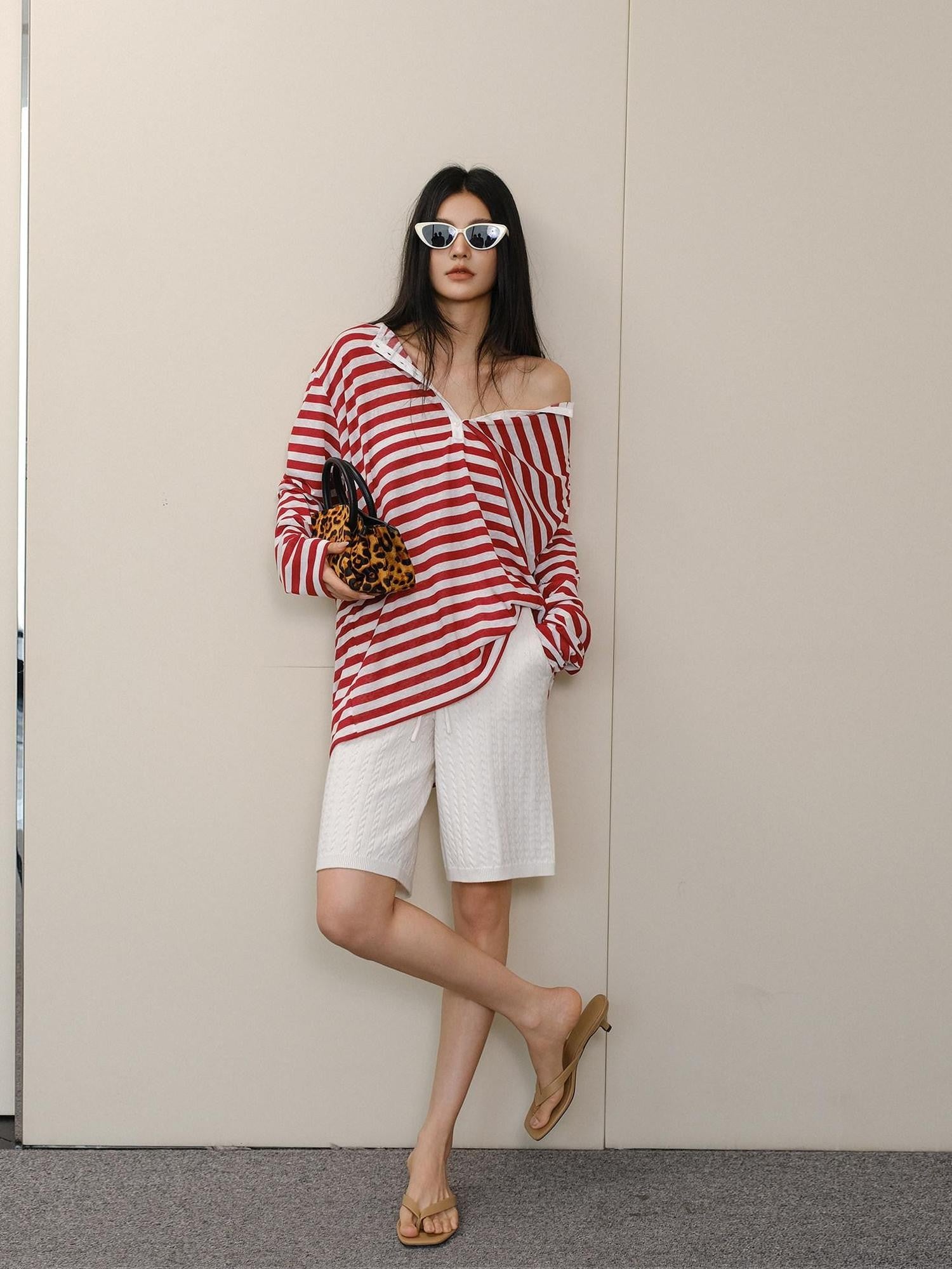 FU FRESH UP Striped Colorblock Henley Knit Loose Women&