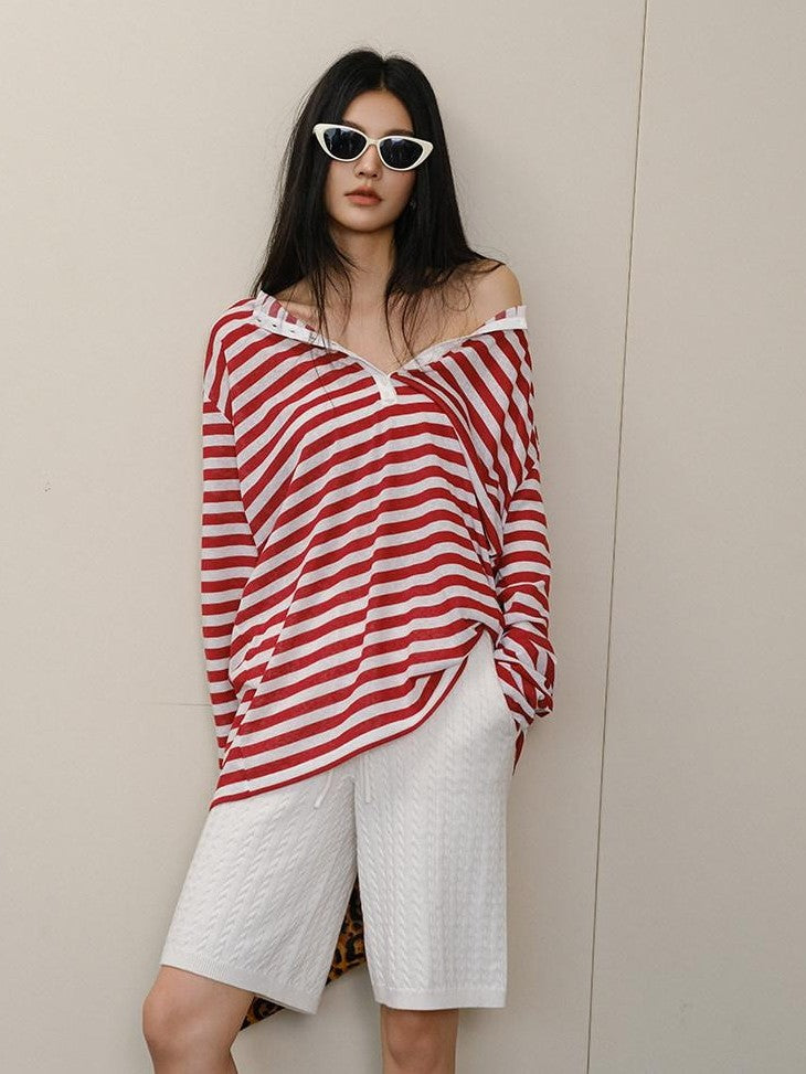 FU FRESH UP Striped Colorblock Henley Knit Loose Women&