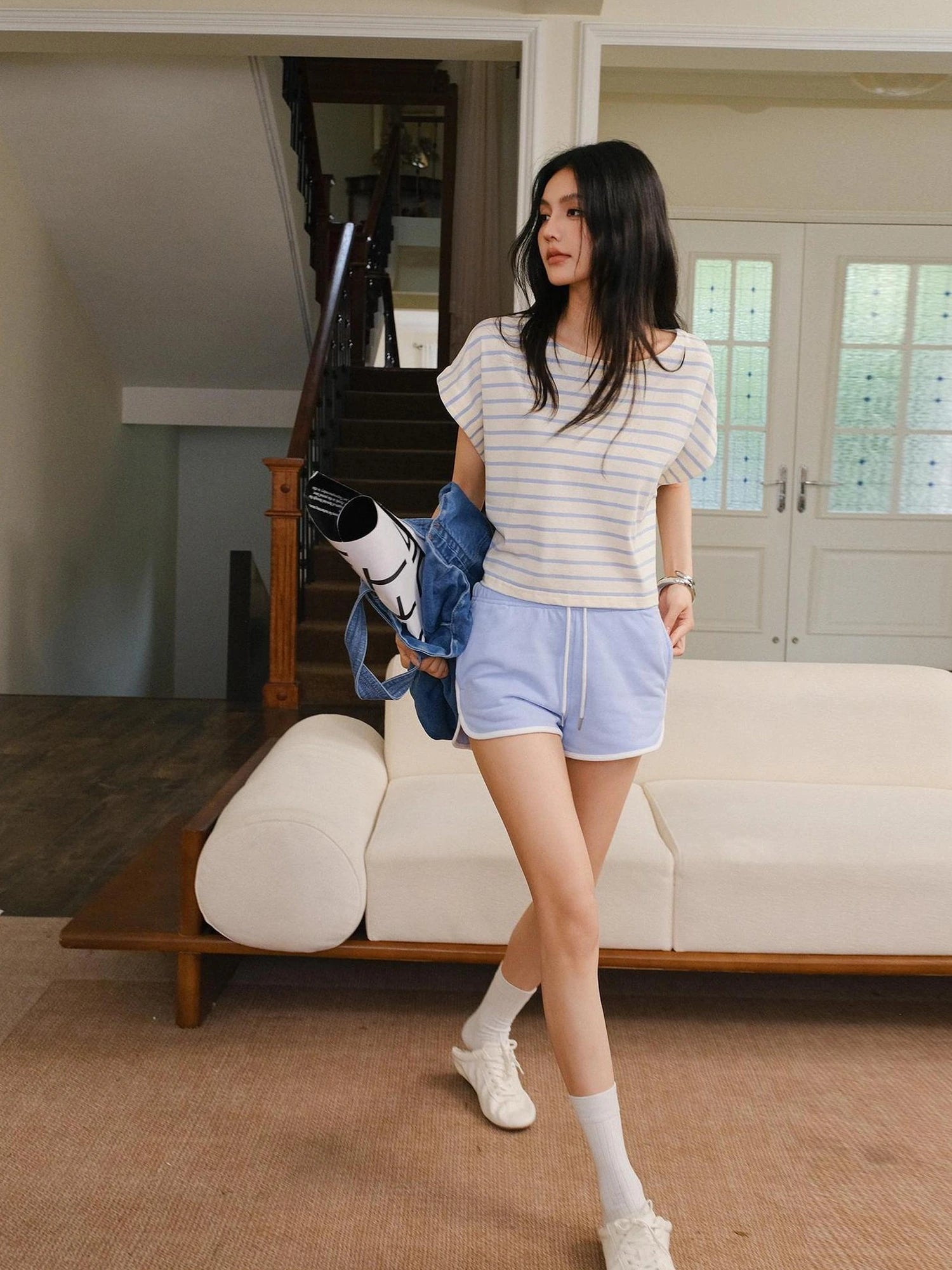 FU FRESH UP Striped Cotton Athletic Shorts Set