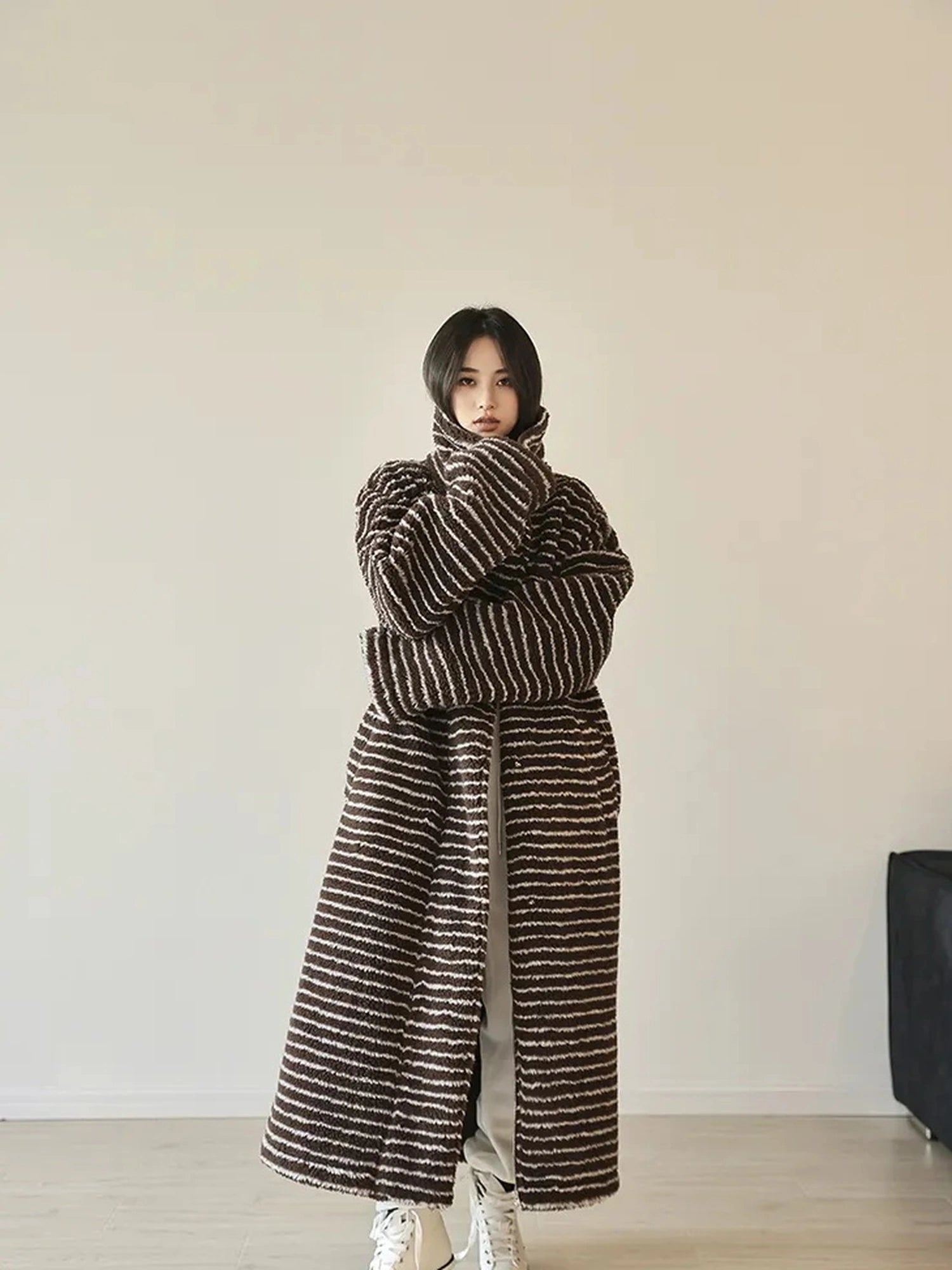 FU FRESH UP Striped Faux Shearling Oversized Trench Coat