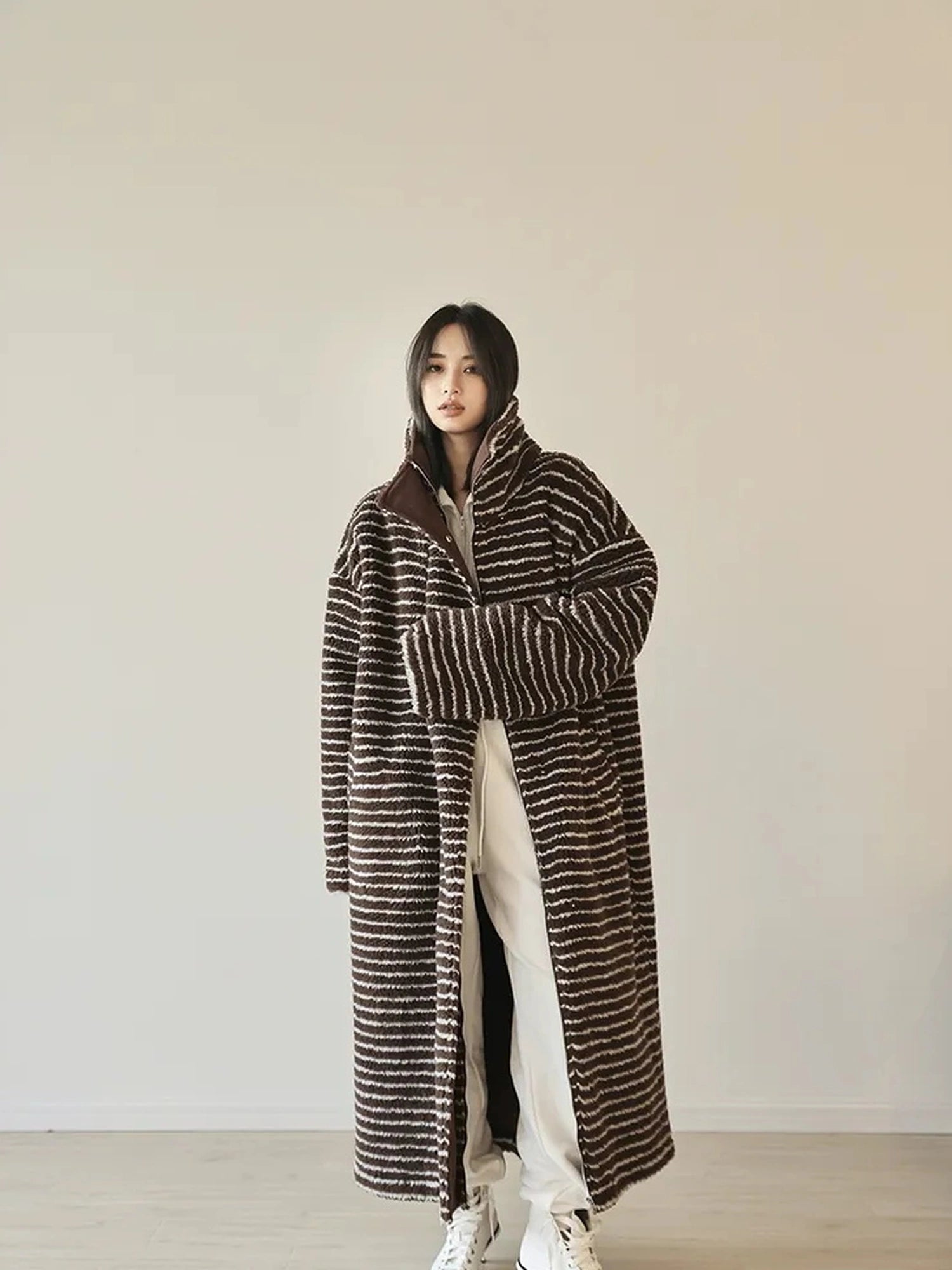 FU FRESH UP Striped Faux Shearling Oversized Trench Coat