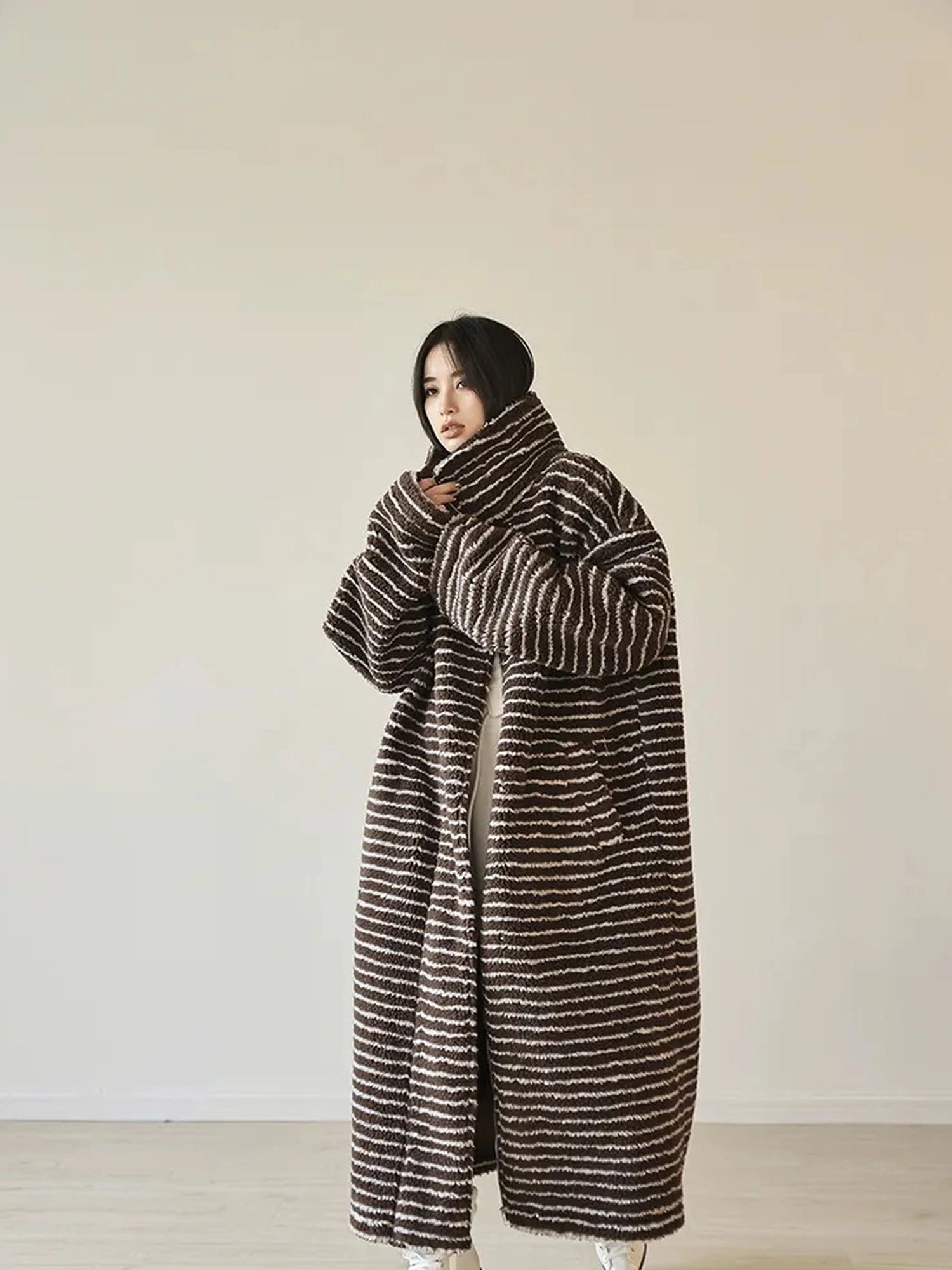 FU FRESH UP Striped Faux Shearling Oversized Trench Coat