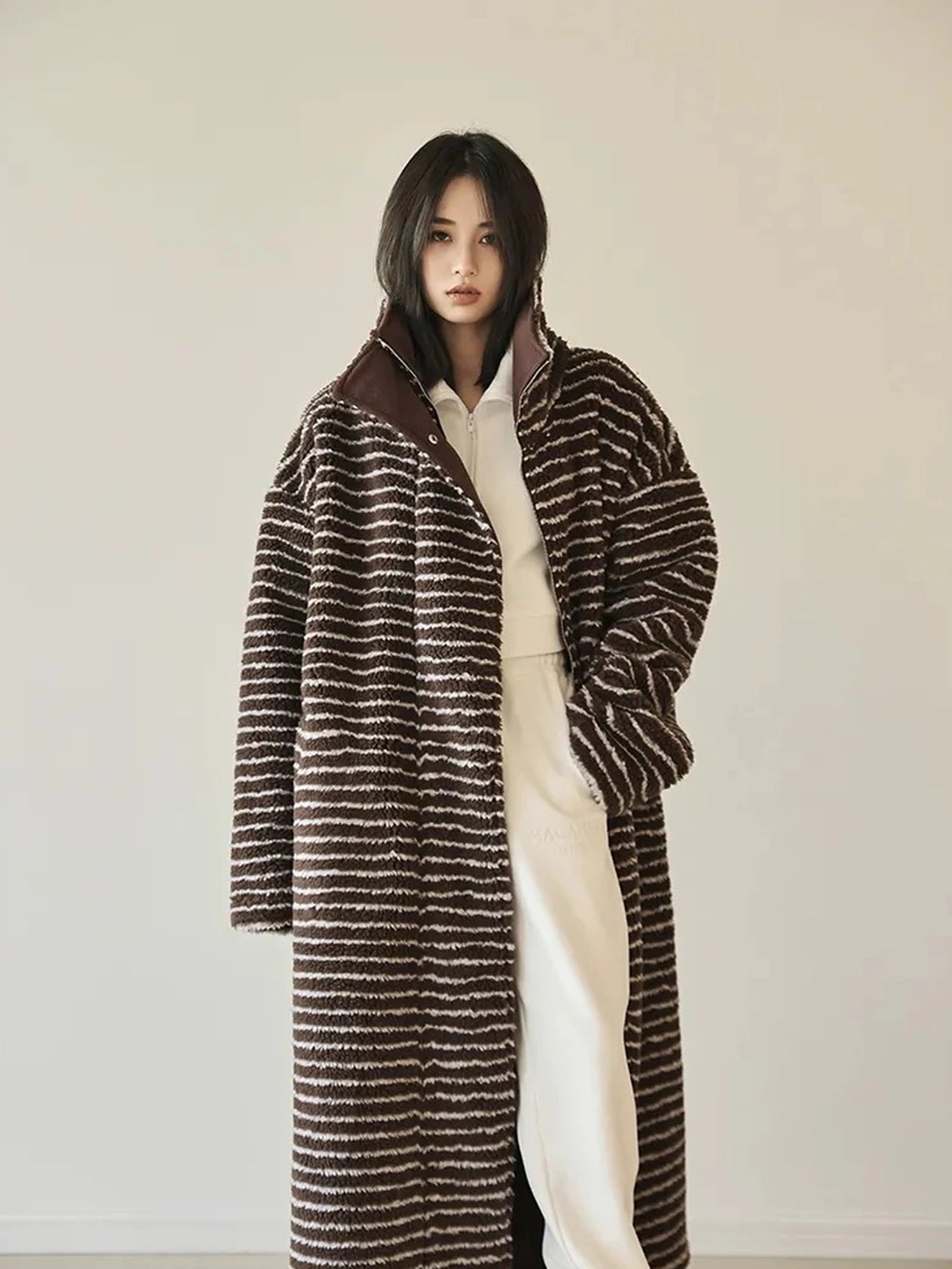 FU FRESH UP Striped Faux Shearling Oversized Trench Coat